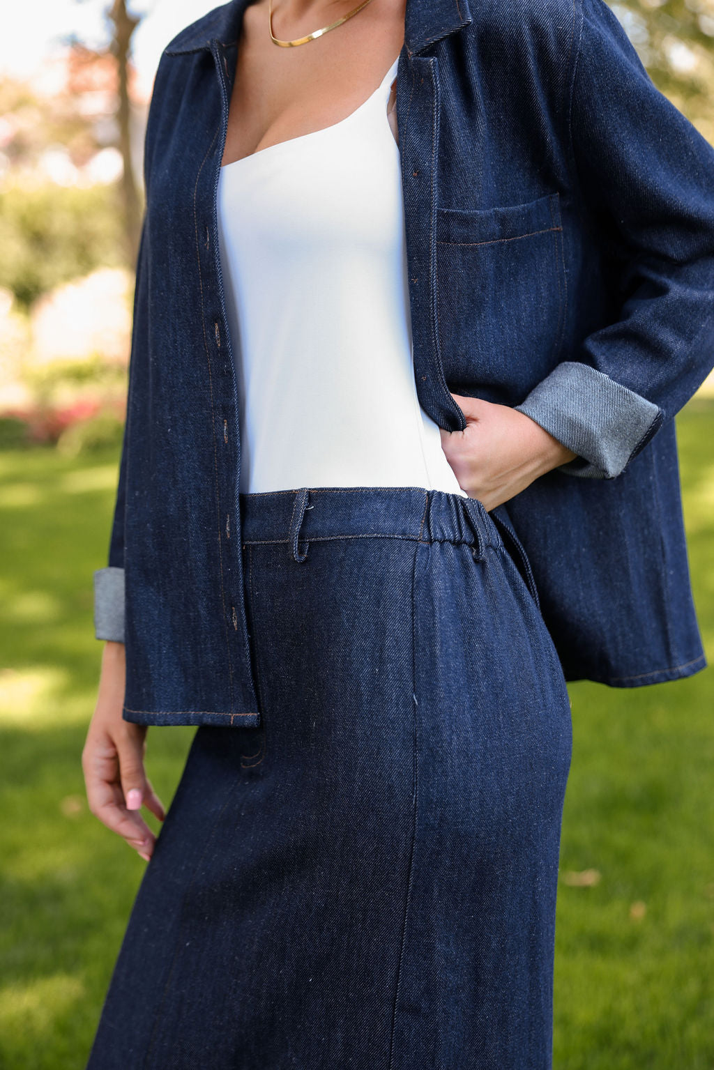 Sylc Designs Womens Blue Denim Elastic Maxi Skirt