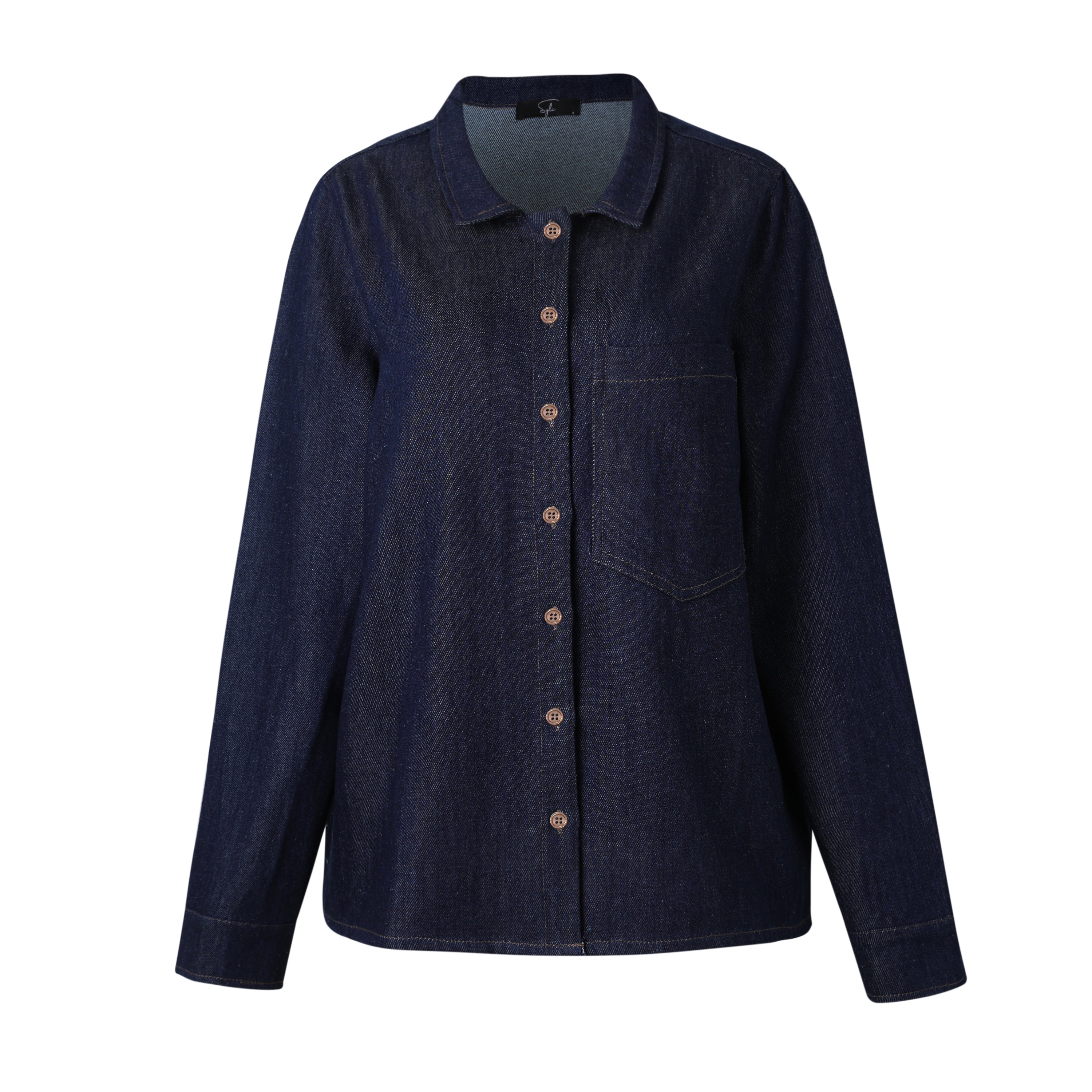 SYLC Designs Womens Blue Denim Long Sleeve Button Down