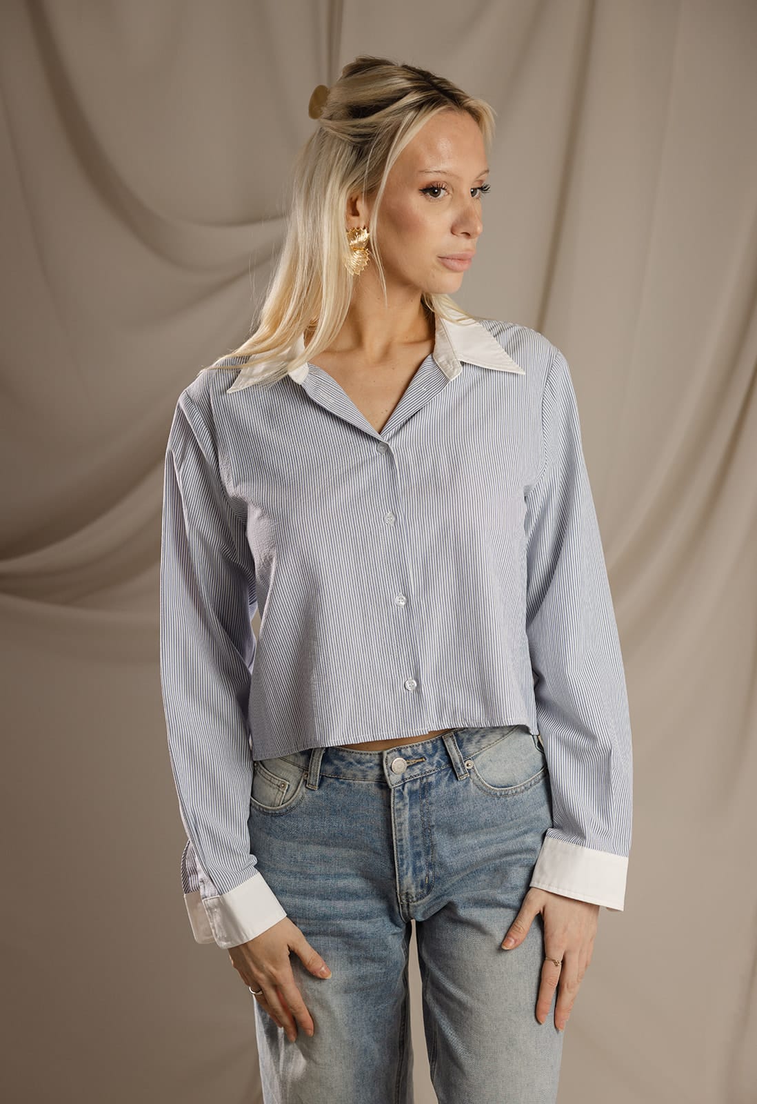 SYLC Designs Womens Blue Stripe Seersucker Button Down