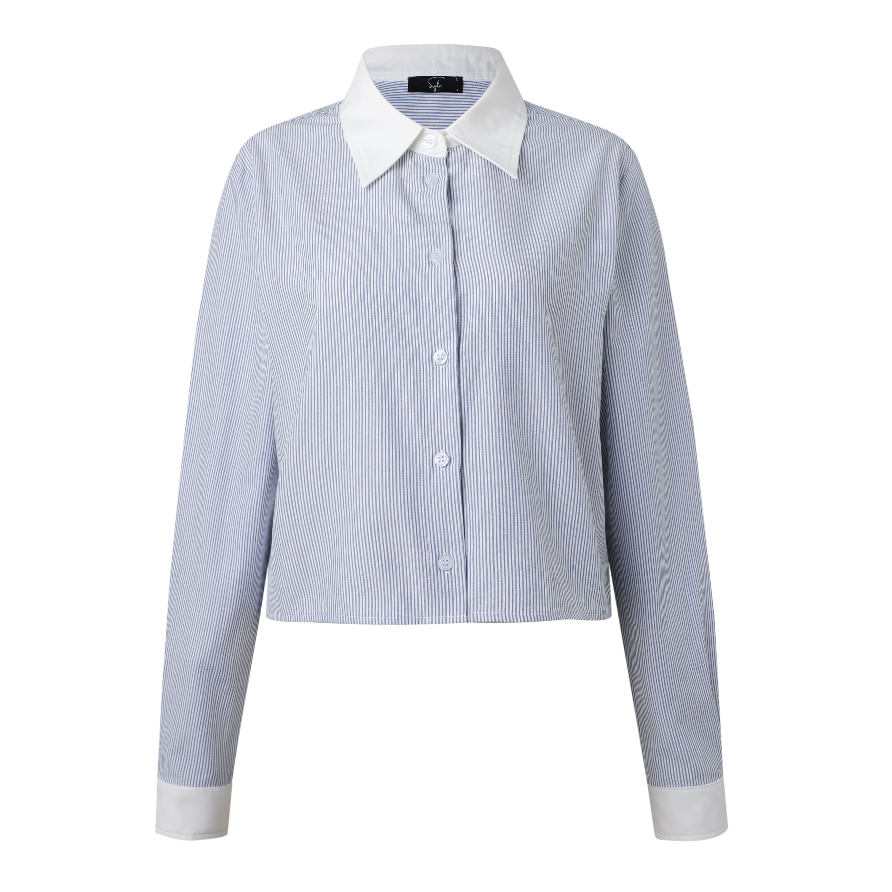 SYLC Designs Womens Blue Stripe Seersucker Button Down