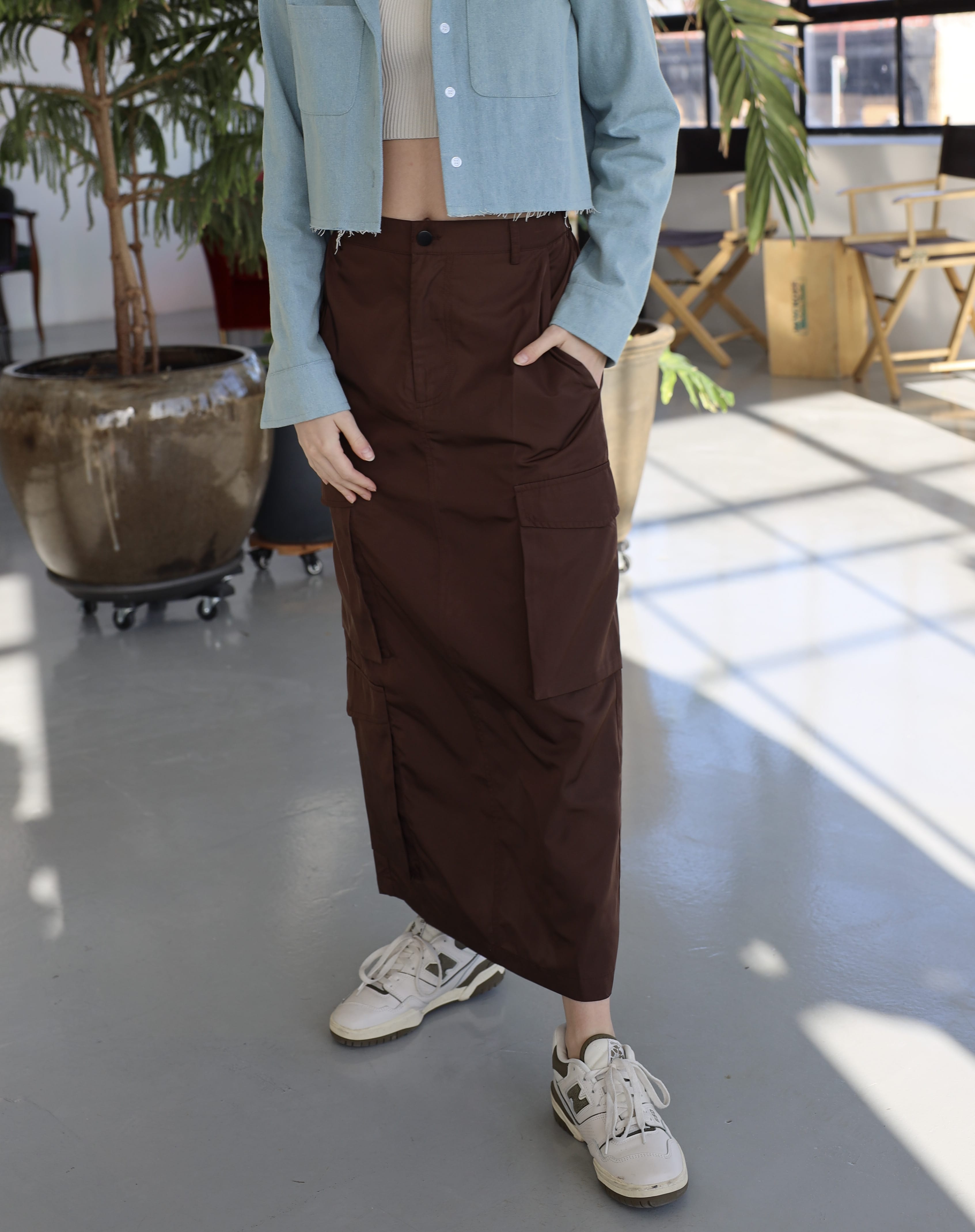 SYLC Designs Womens Brown Nylon Cargo Maxi Skirt