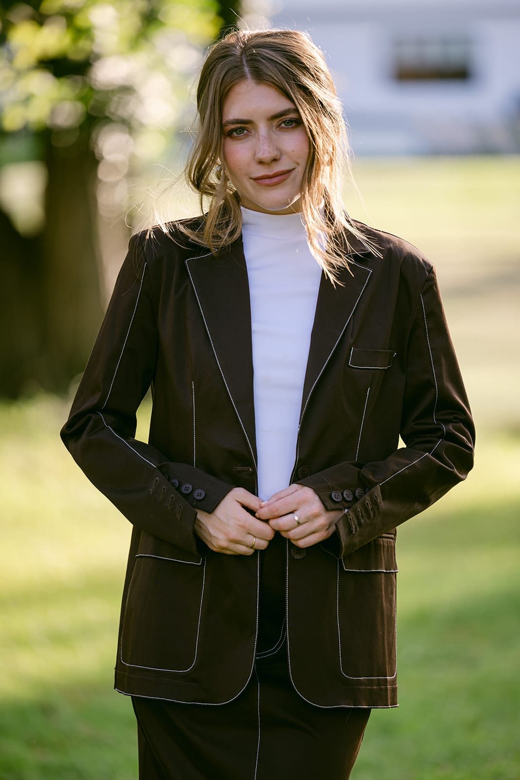 SYLC Designs Womens Brown Stitching Blazer