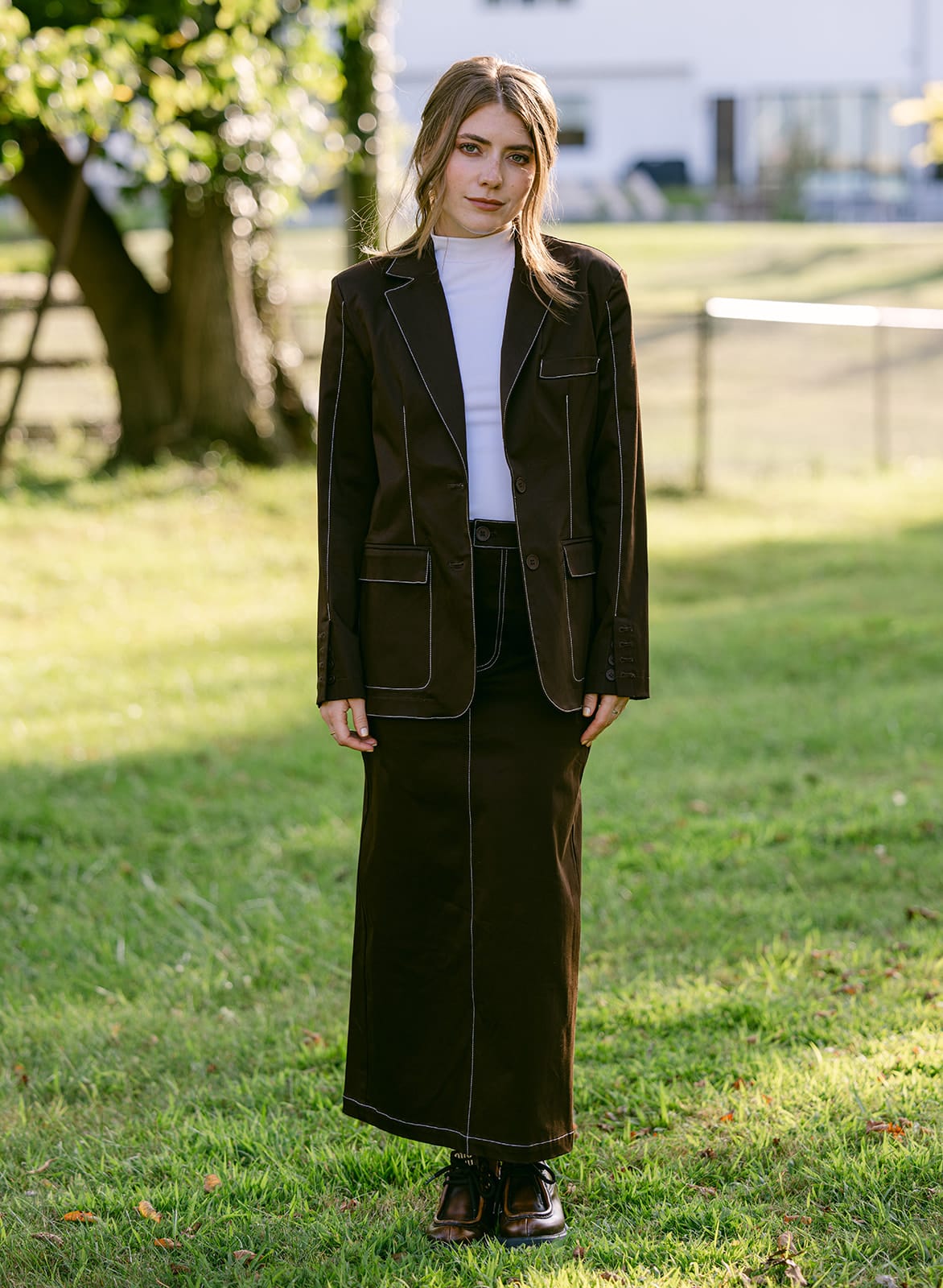SYLC Designs Womens Brown Stitching Maxi Skirt
