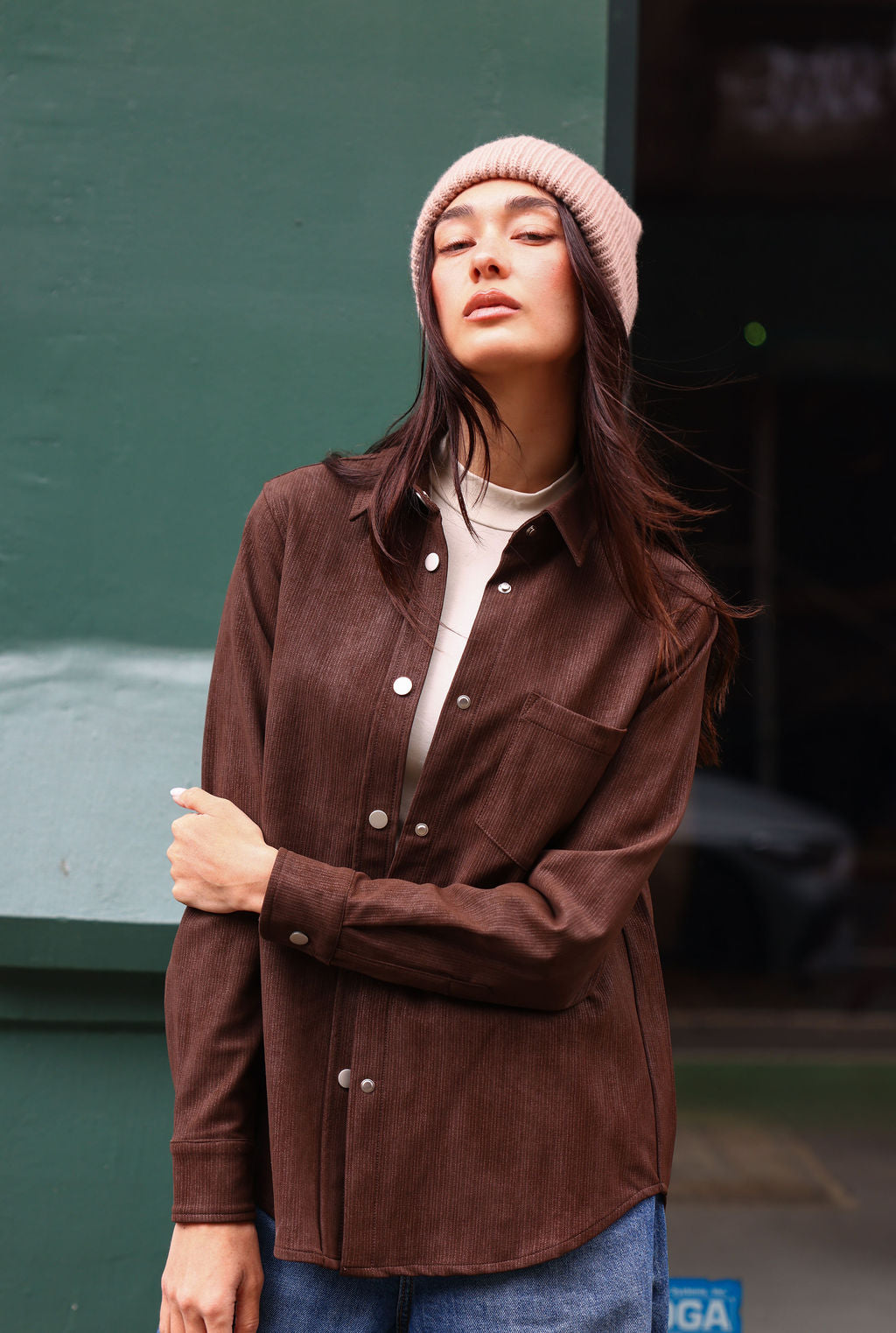 SYLC Designs Womens Brown Textured Vegan Leather Button Down Shirt