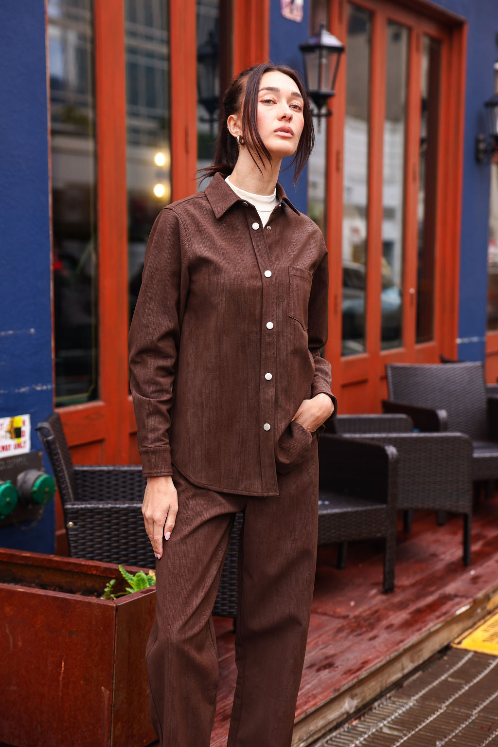 SYLC Designs Womens Brown Textured Vegan Leather Button Down Shirt