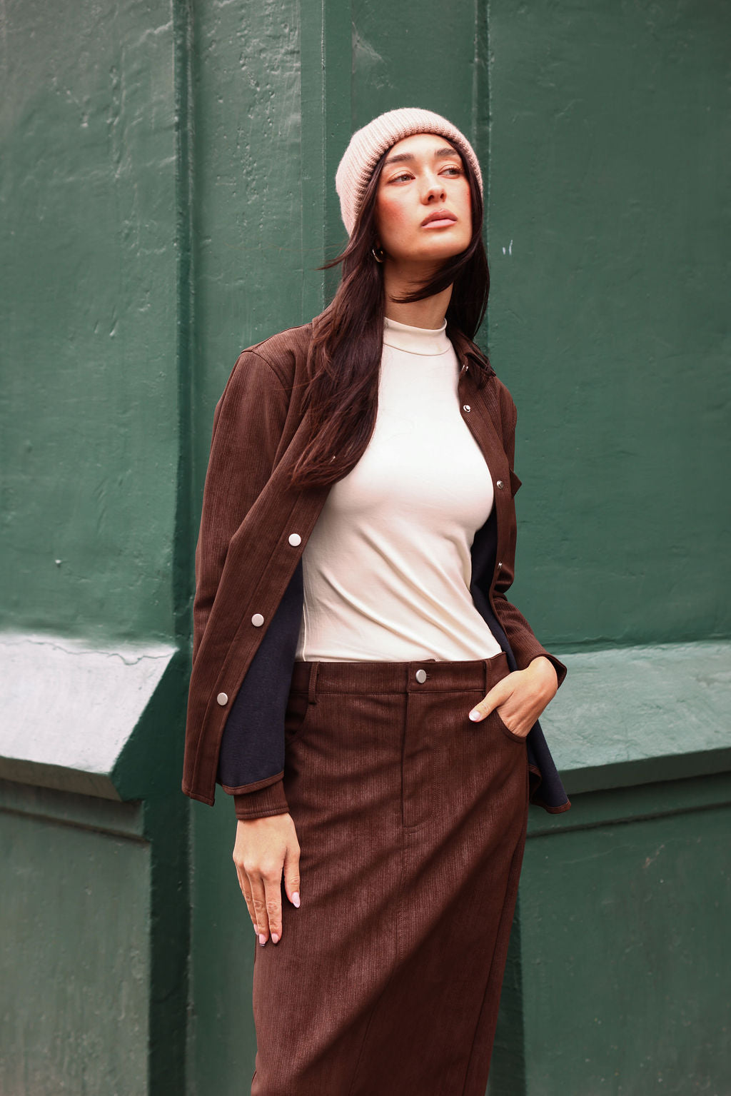 Sylc Designs Womens Brown Textured Vegan Leather Maxi Skirt