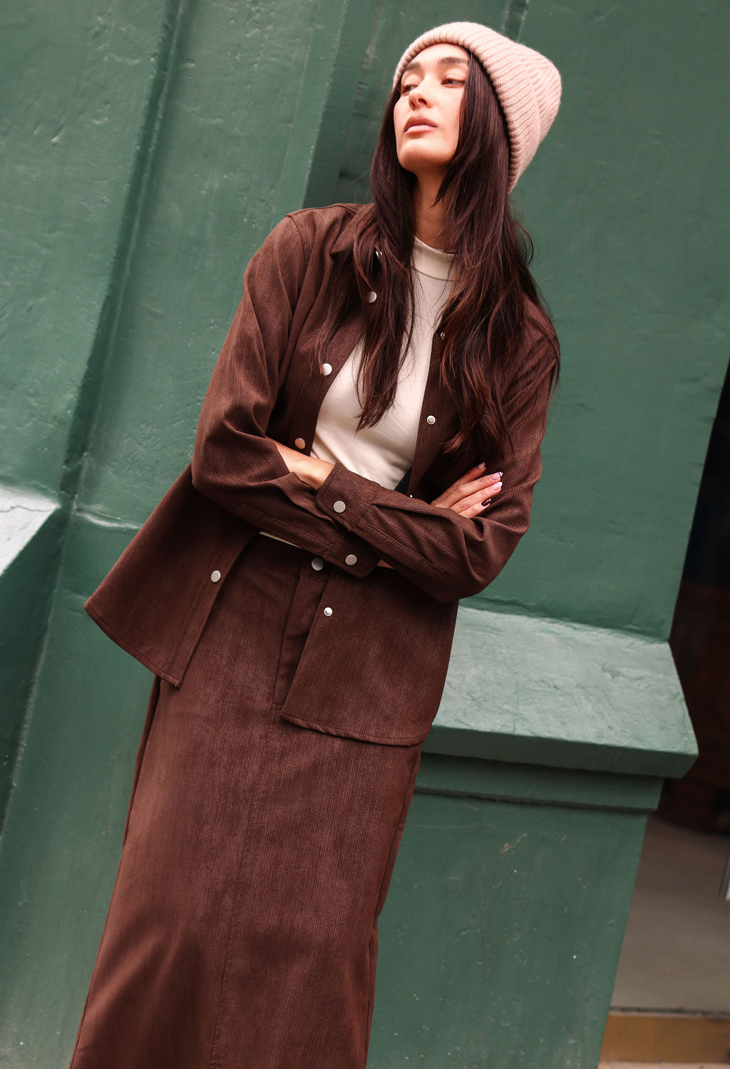 Sylc Designs Womens Brown Textured Vegan Leather Maxi Skirt