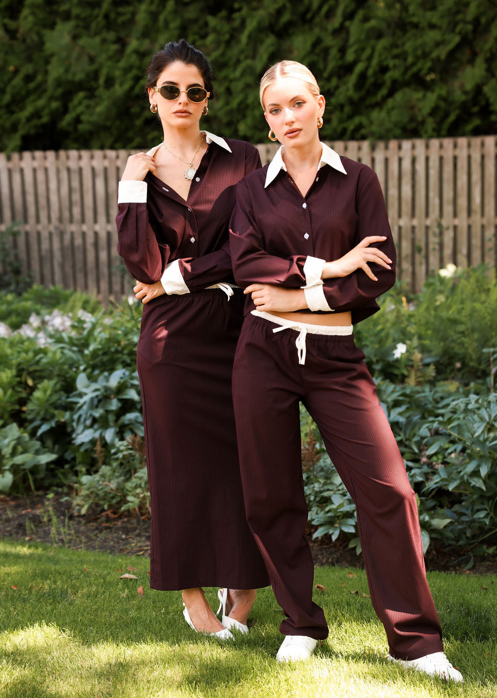Sylc Designs Womens Burgundy Pinstripe Double Waistband Everyday Pant