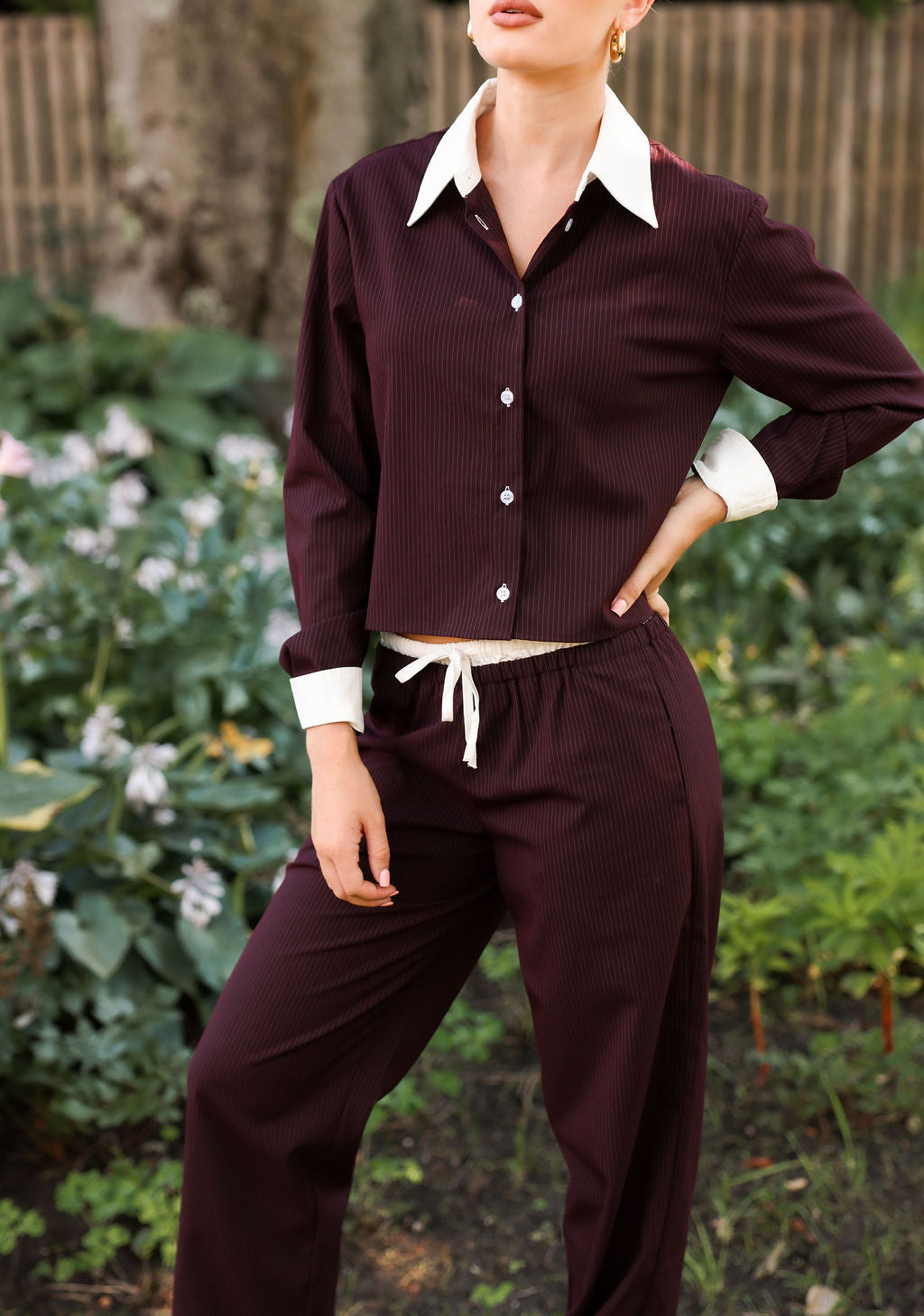 Sylc Designs Womens Burgundy Pinstripe Double Waistband Everyday Pant