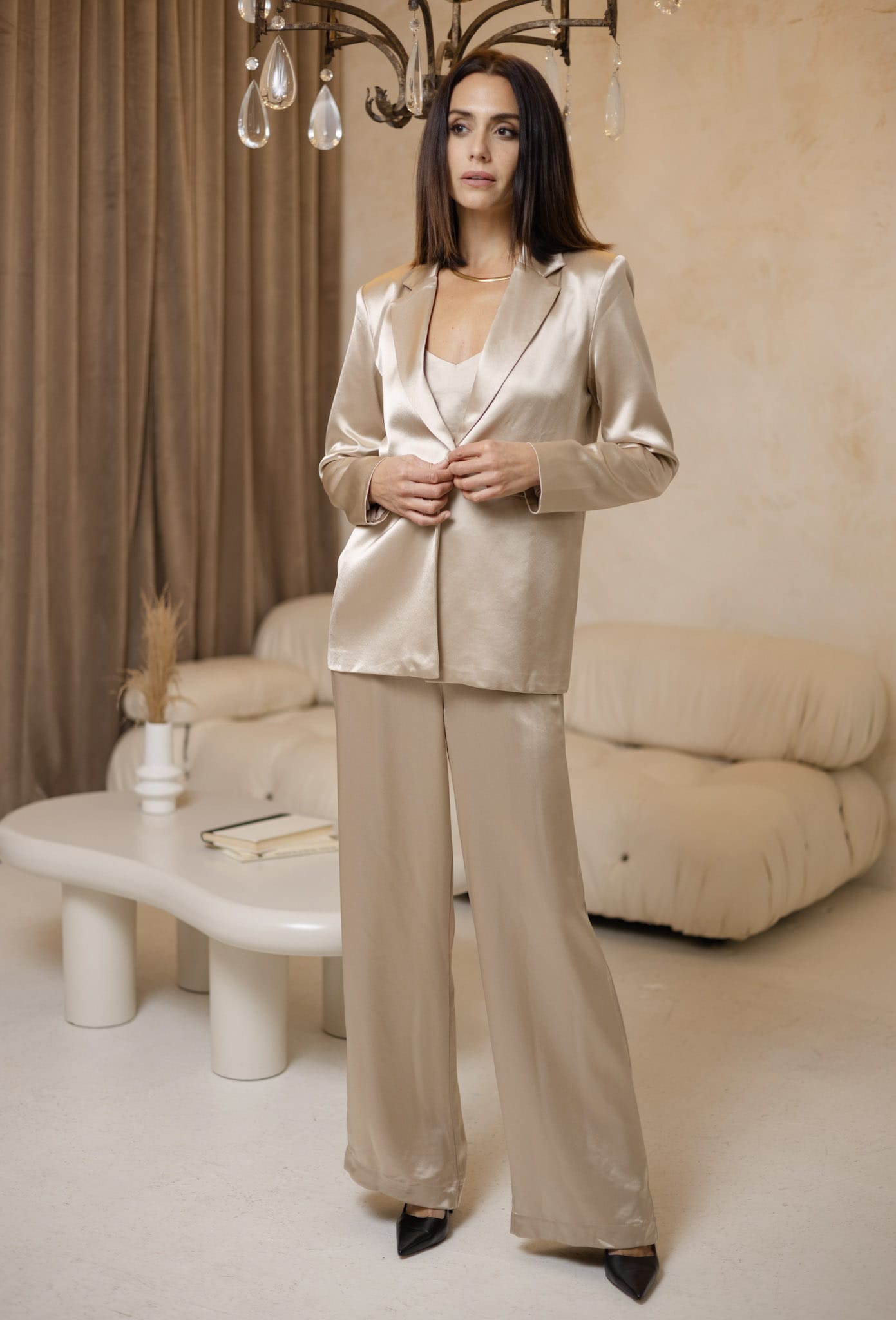 Sylc Designs Womens Champagne Satin Pants