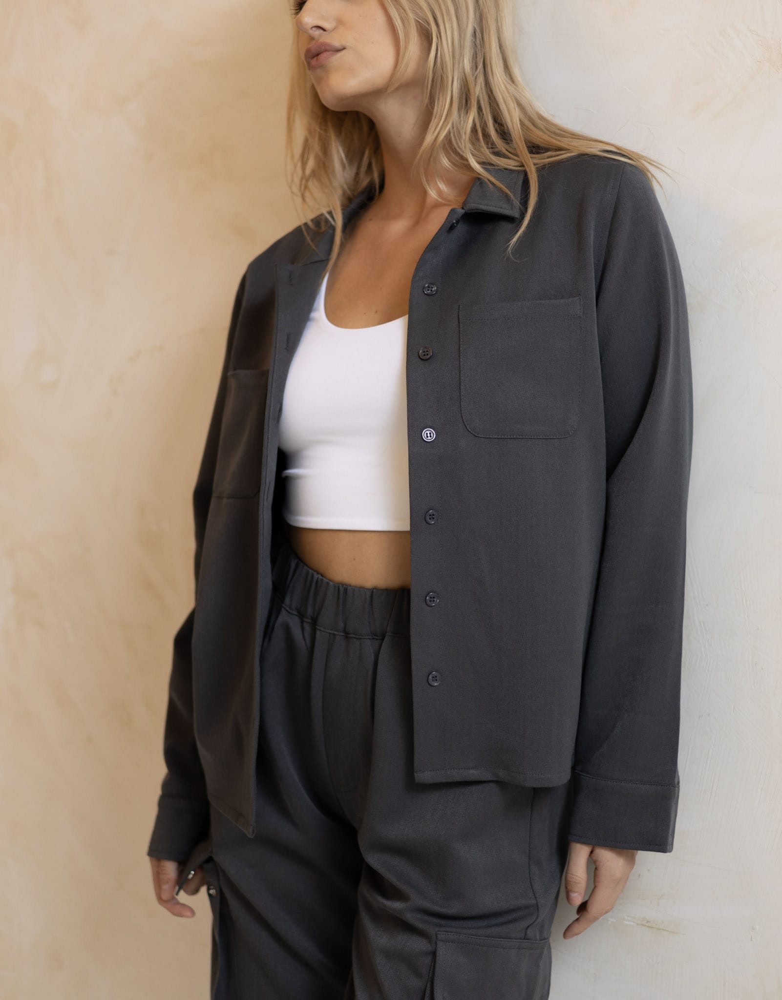 Sylc Designs Womens Charcoal Long Sleeve Button Down