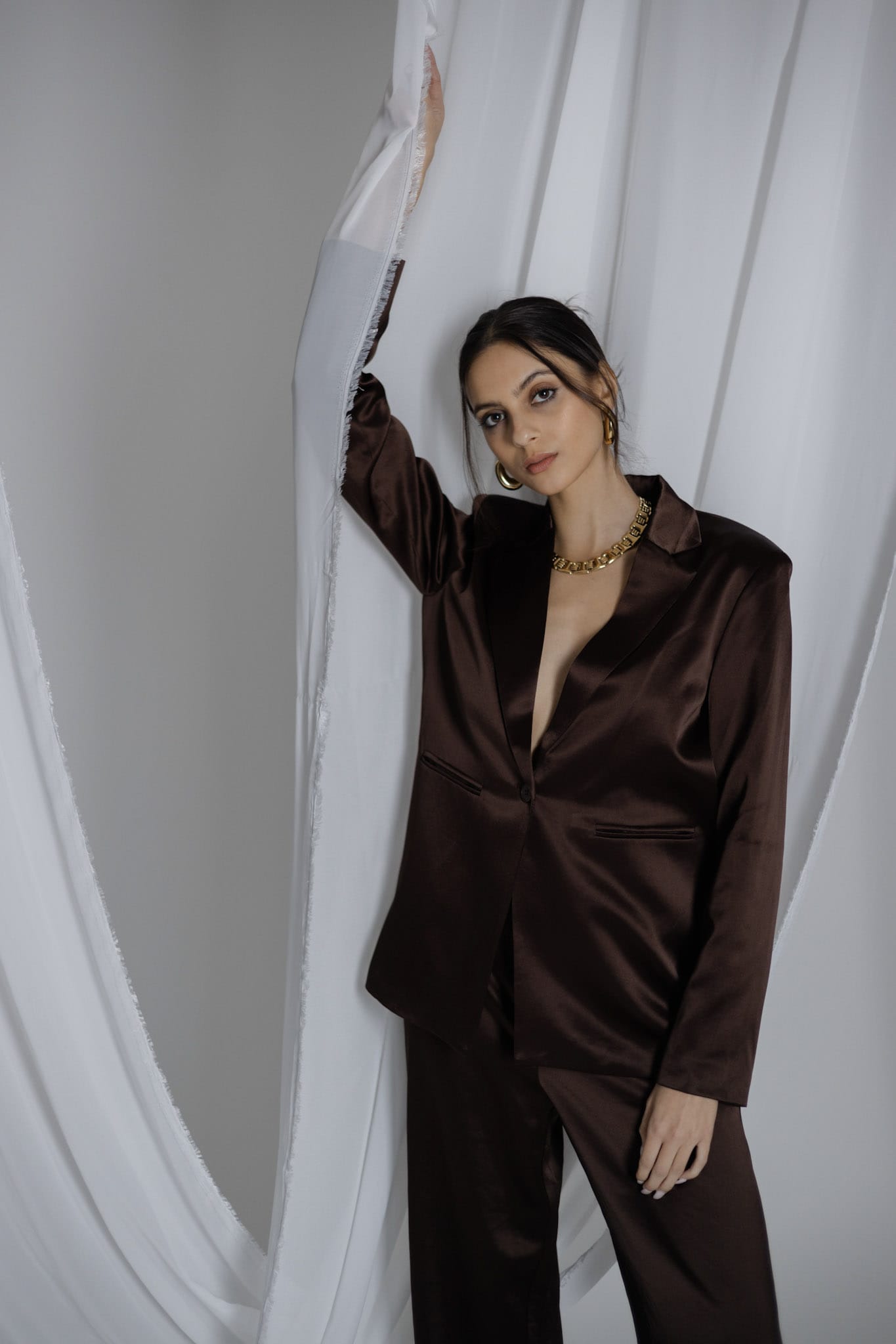 Sylc Designs Womens Chocolate Brown Satin Blazer