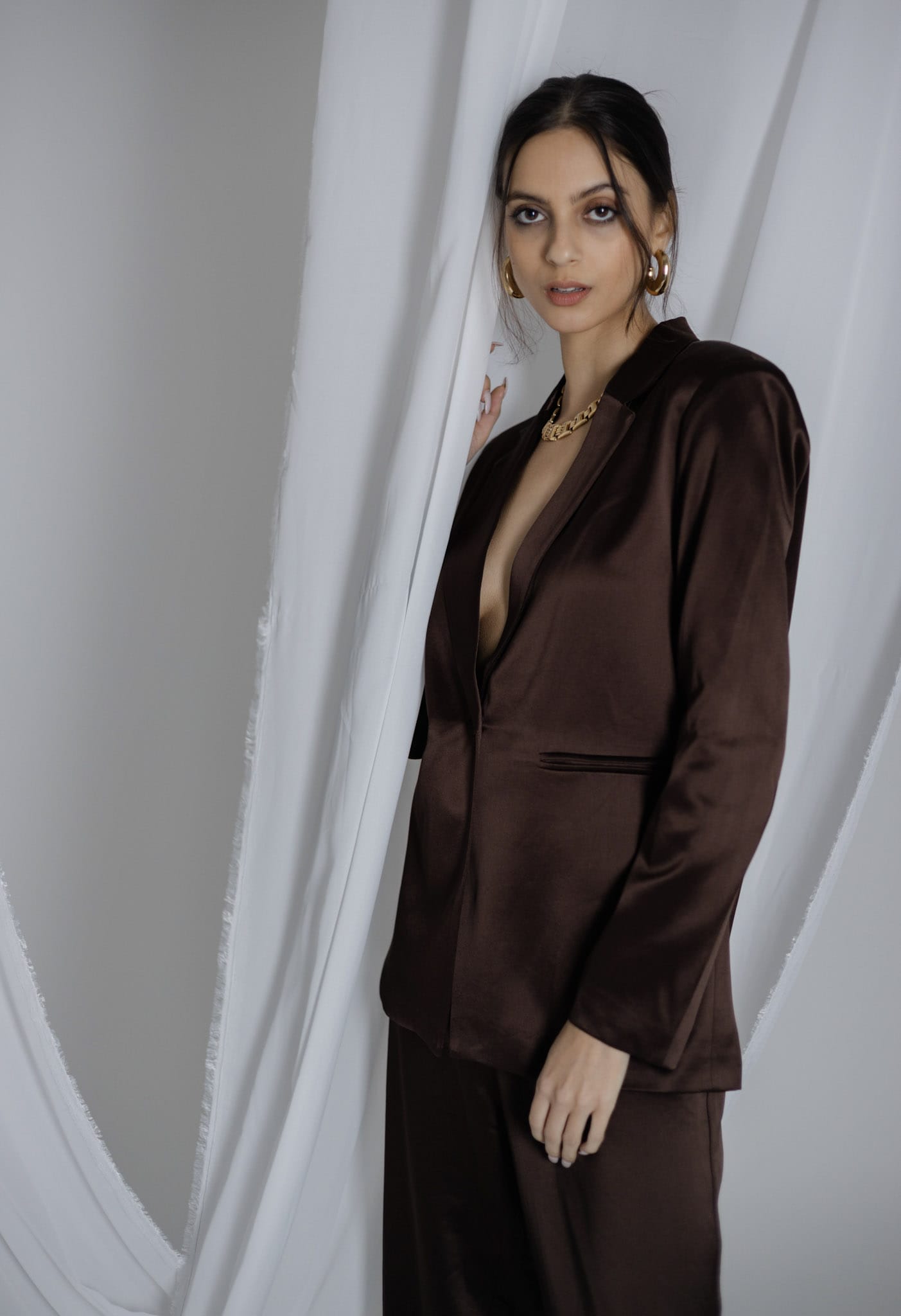 Sylc Designs Womens Chocolate Brown Satin Blazer