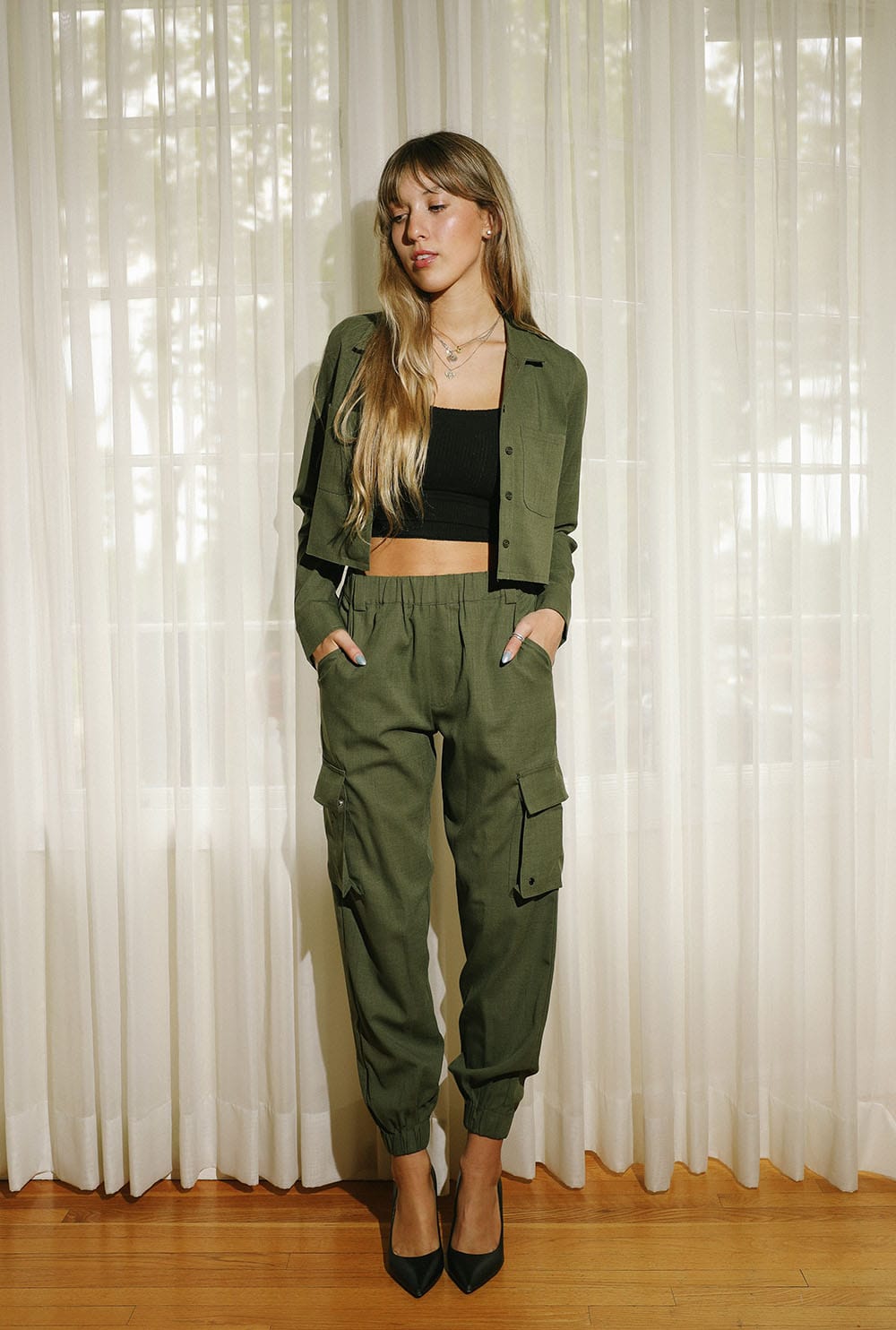 Sylc Designs Womens Green Cotton Linen Cargo Pants