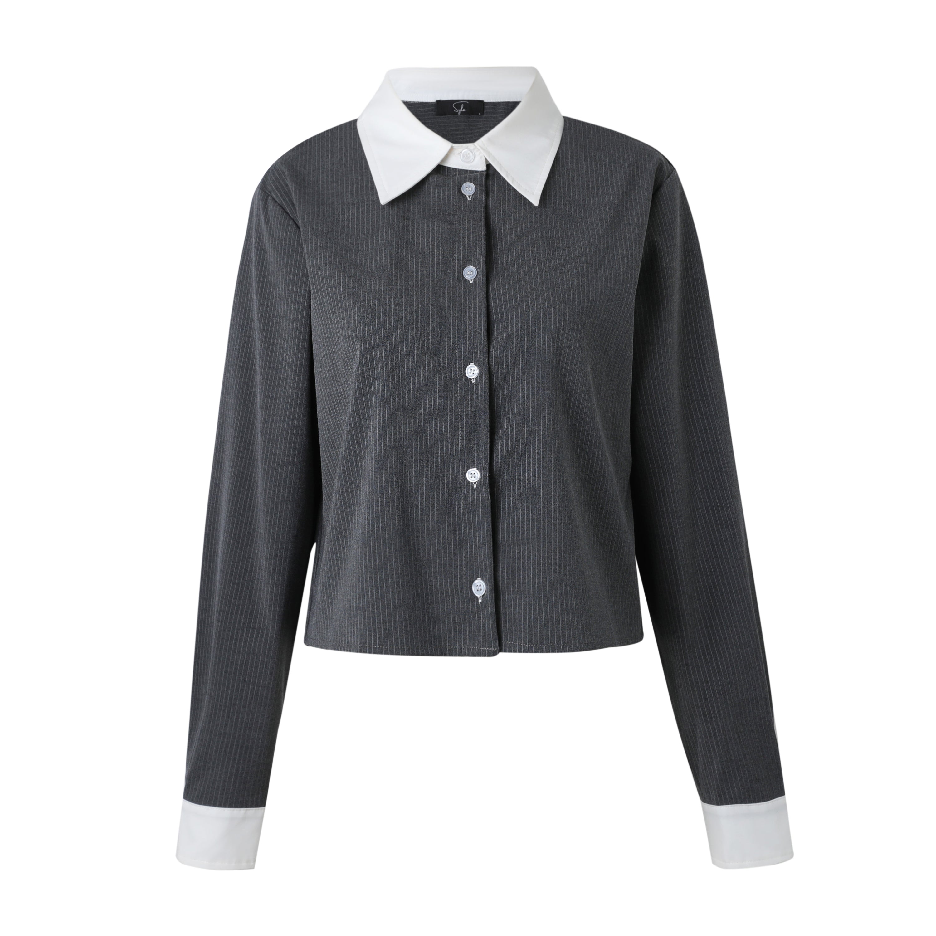 SYLC Designs Womens Grey Pinstripe Button Down