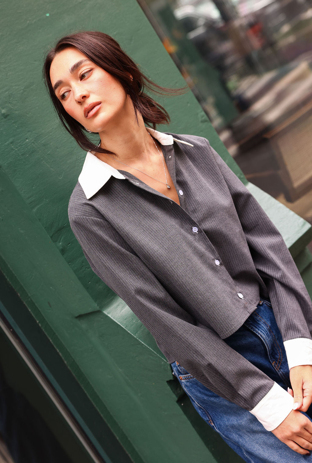 SYLC Designs Womens Grey Pinstripe Button Down