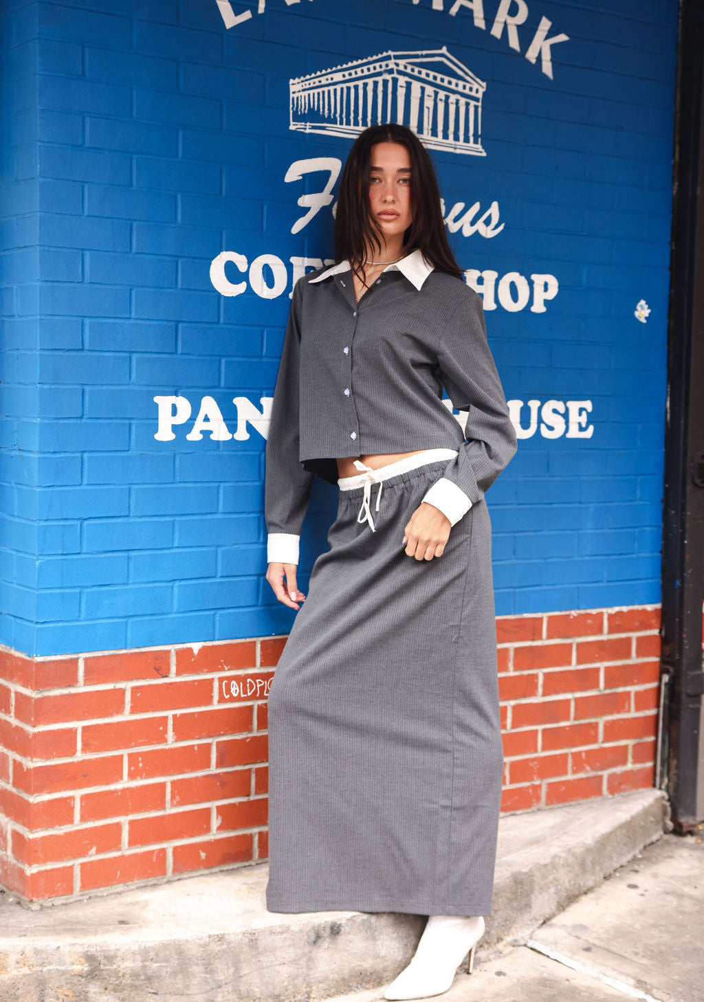Sylc Designs Womens Grey Pinstripe Double Waistband Everyday Skirt