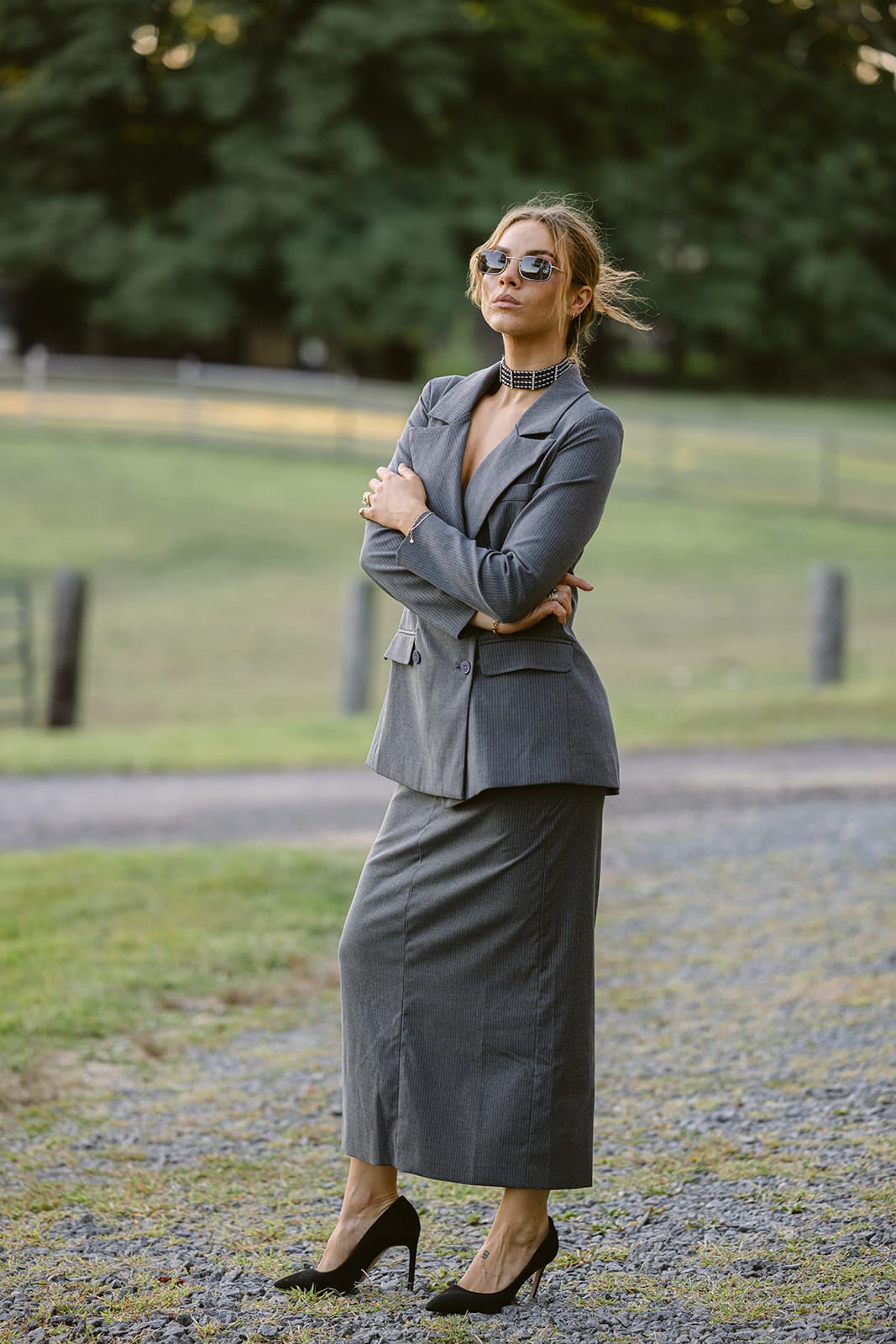 SYLC Designs Womens Grey Pinstripe Maxi Skirt