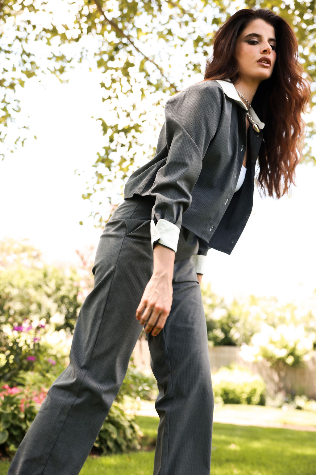 SYLC Designs Womens Grey Pinstripe Trousers