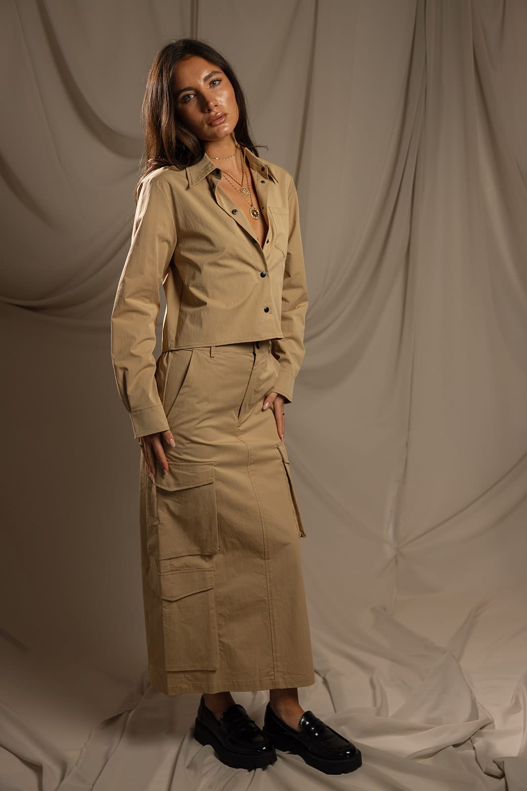 SYLC Designs Womens Khaki Nylon Cargo Maxi Skirt