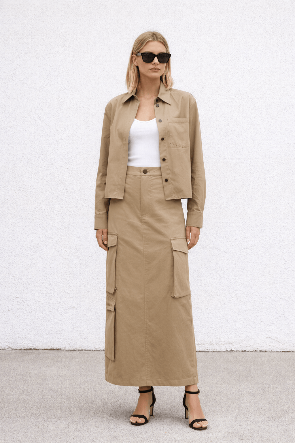 SYLC Designs Womens Khaki Nylon Cargo Maxi Skirt