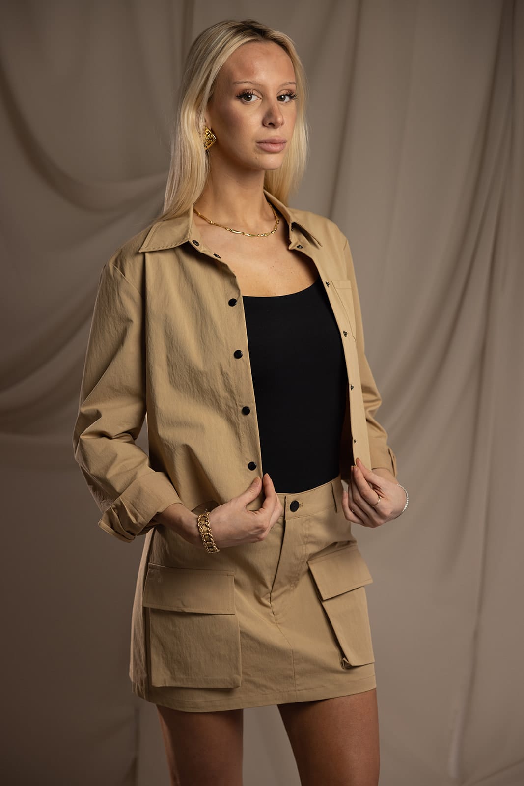 Sylc Designs Womens Khaki Nylon Cargo Mini Skirt