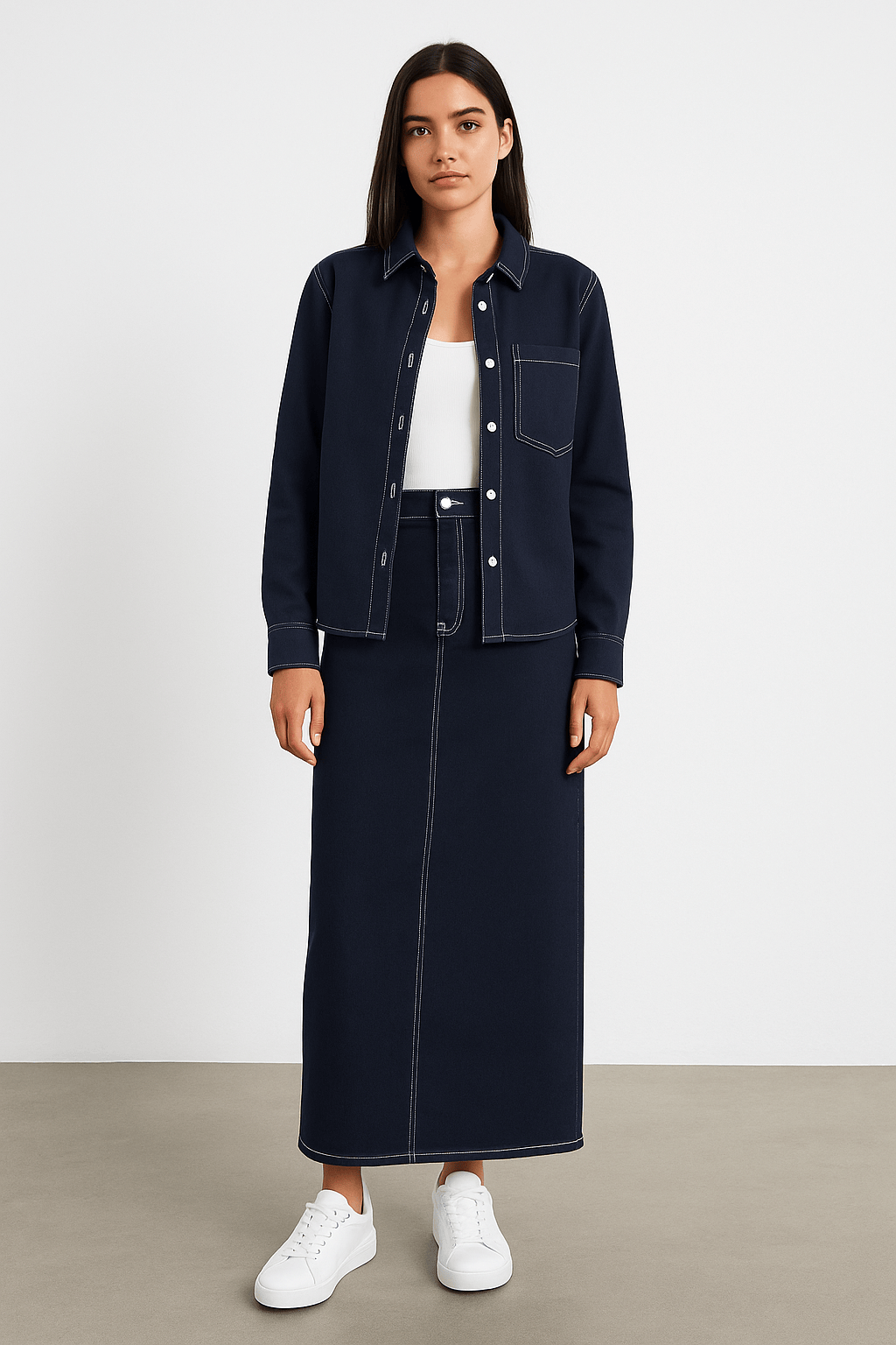 Sylc Designs Womens Navy Denim Elastic Maxi Skirt