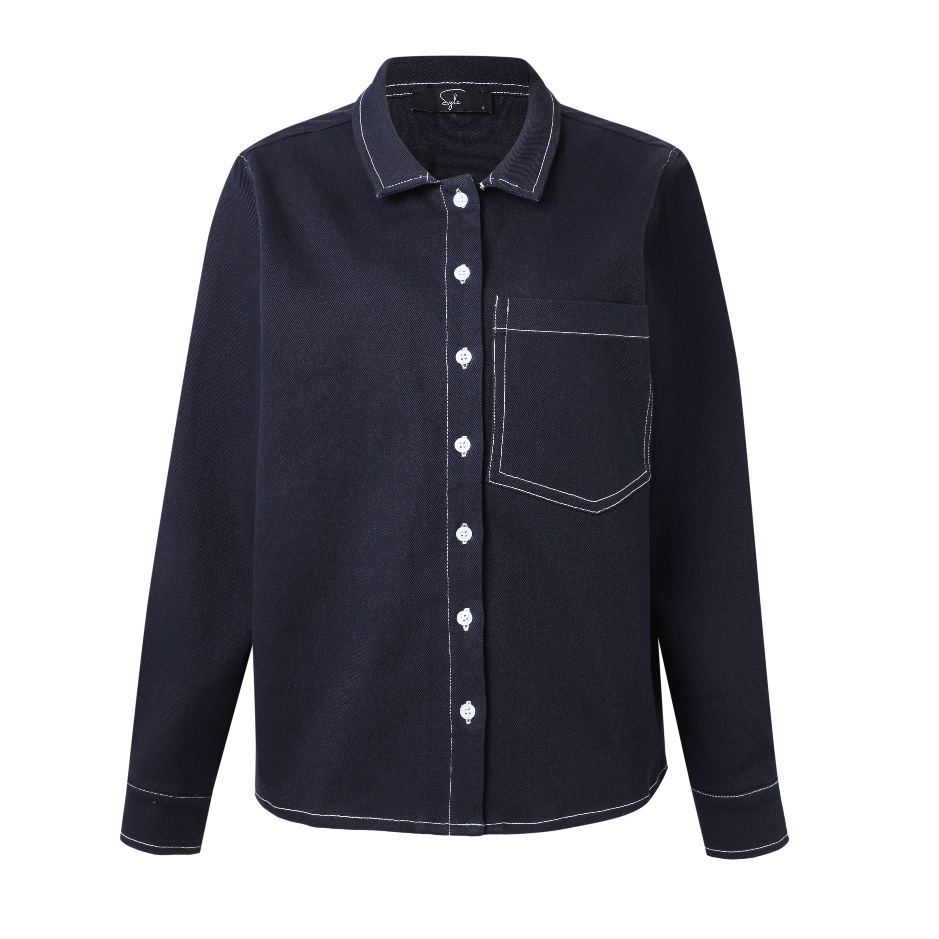 SYLC Designs Womens Navy Denim Long Sleeve Button Down