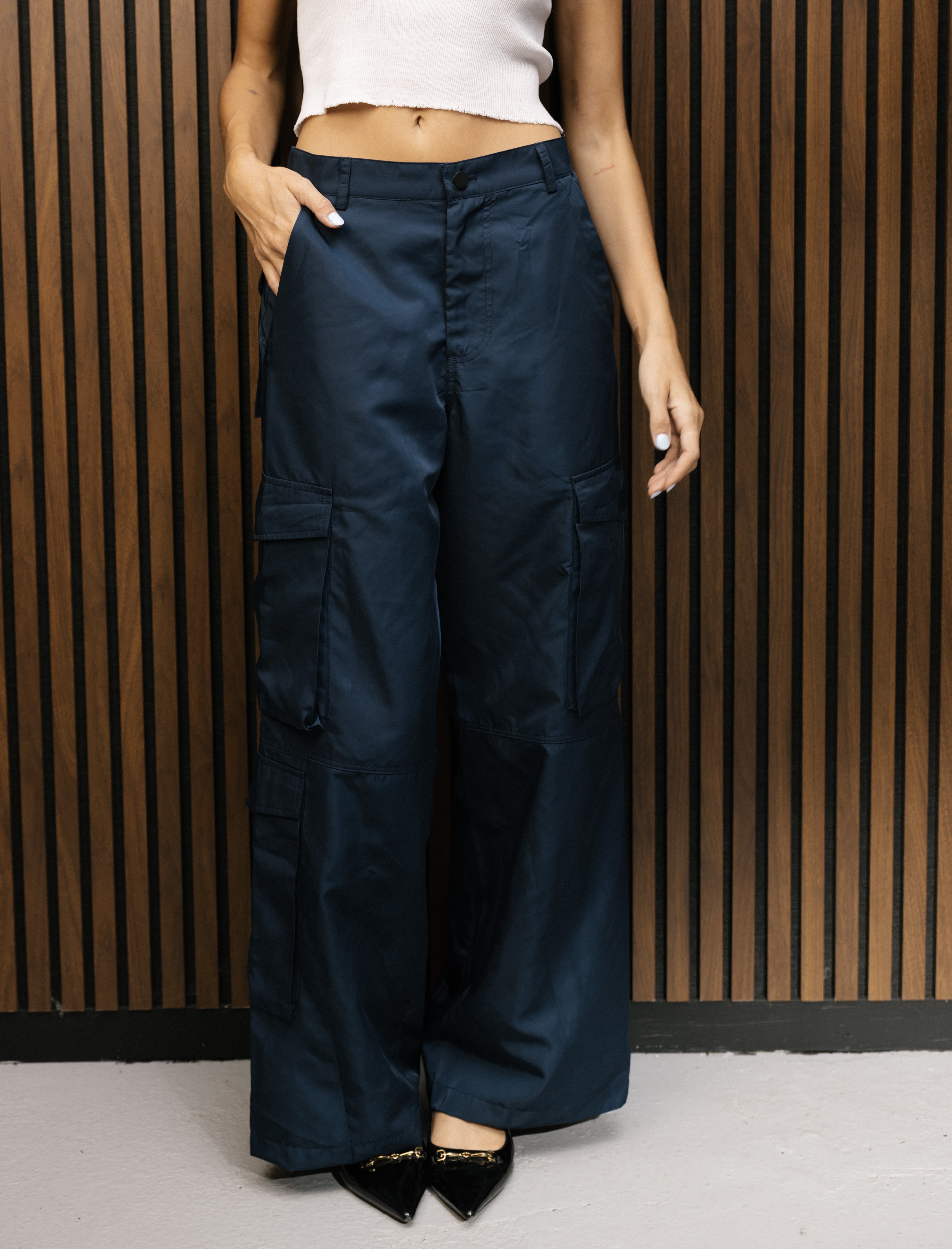 SYLC Designs Womens Navy Nylon Wide Leg Joggers