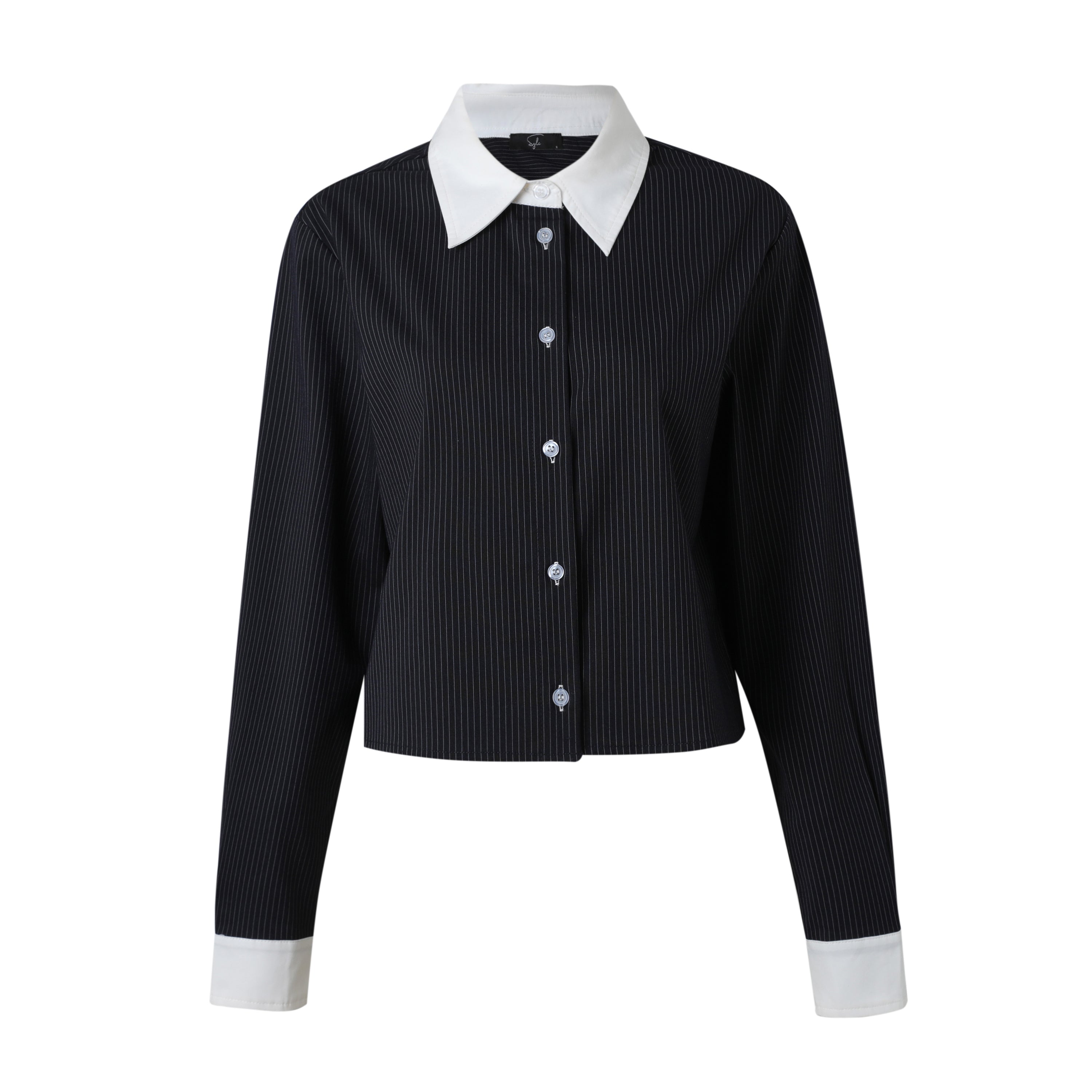 SYLC Designs Womens Navy Pinstripe Button Down