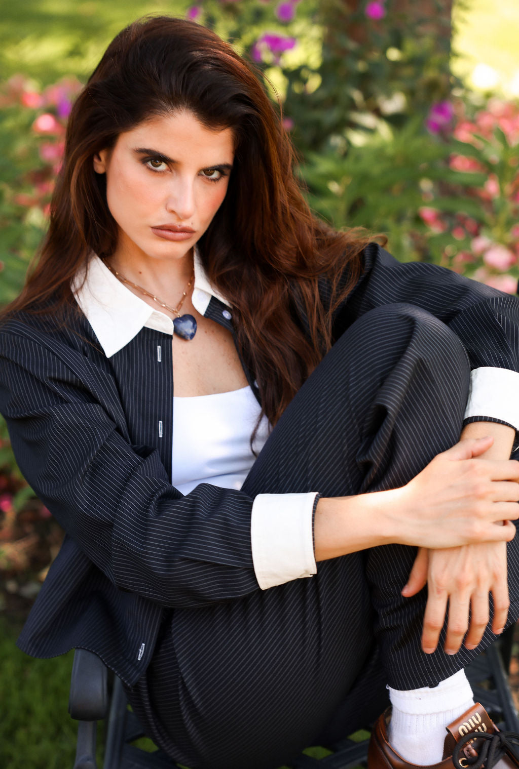 SYLC Designs Womens Navy Pinstripe Button Down
