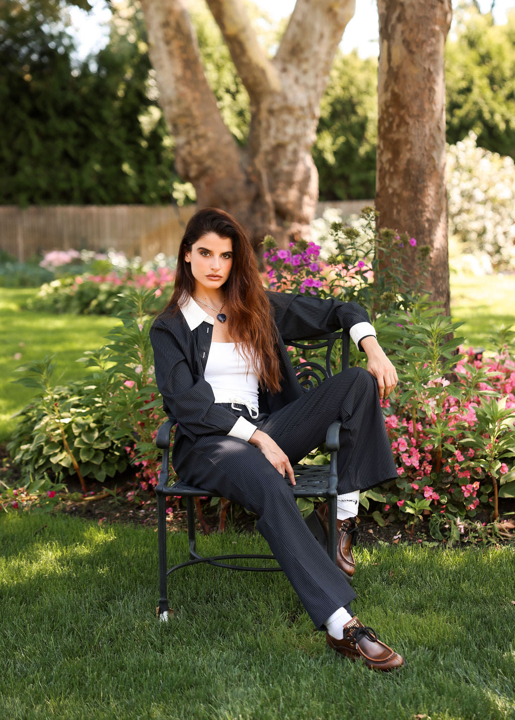 Sylc Designs Womens Navy Pinstripe Double Waistband Everyday Pant