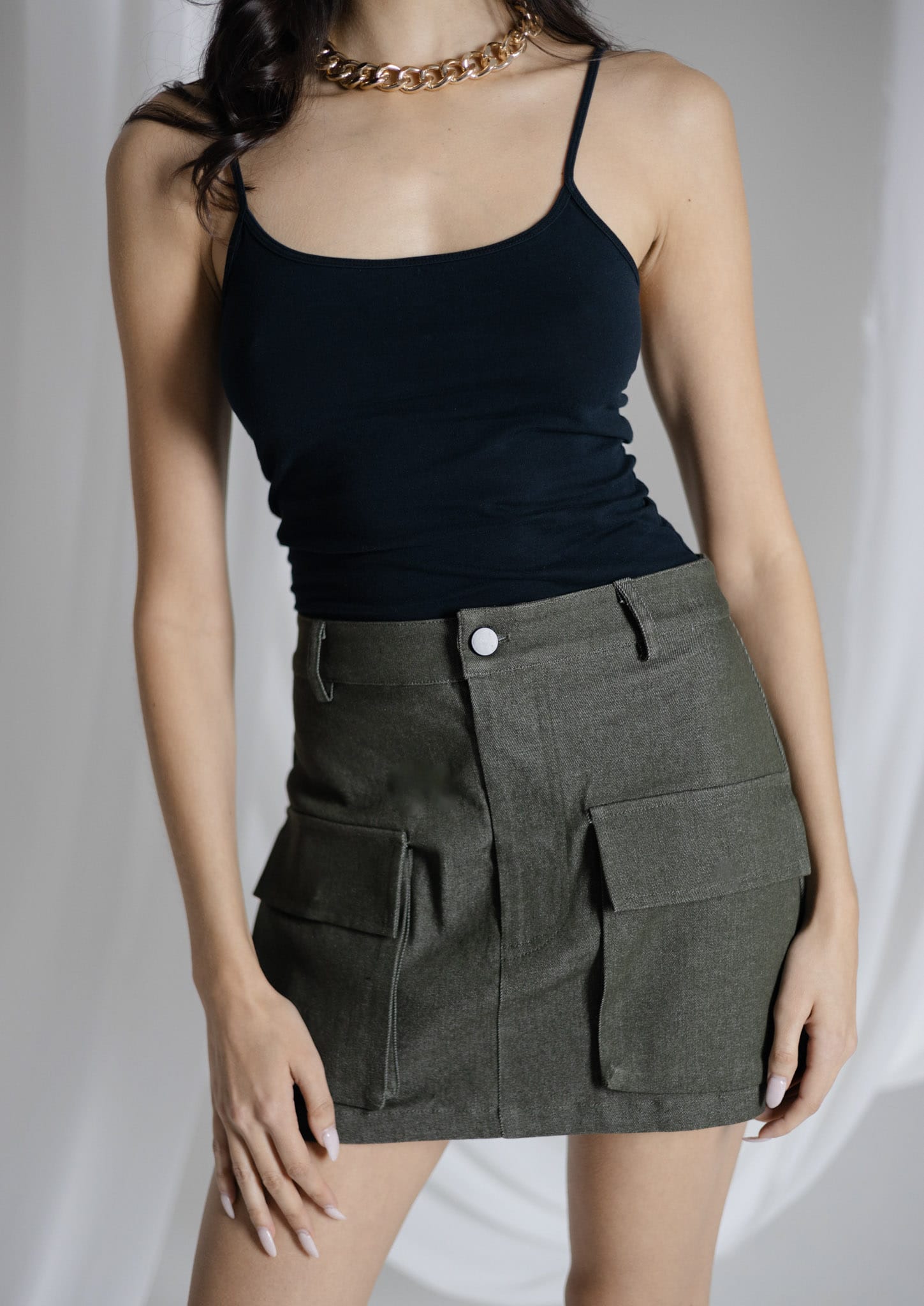 Sylc Designs Womens Olive Green Denim Cargo Mini Skirt