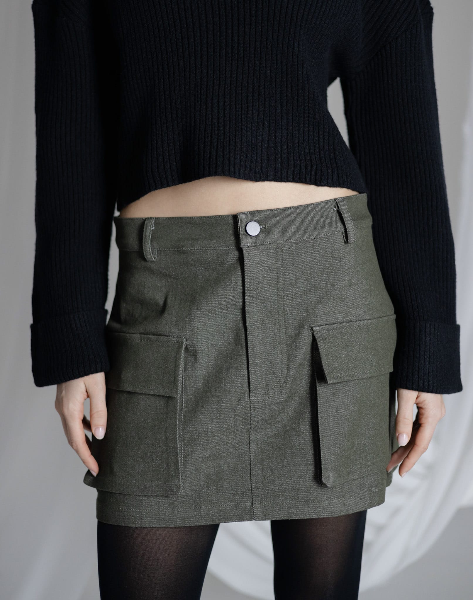 Sylc Designs Womens Olive Green Denim Cargo Mini Skirt