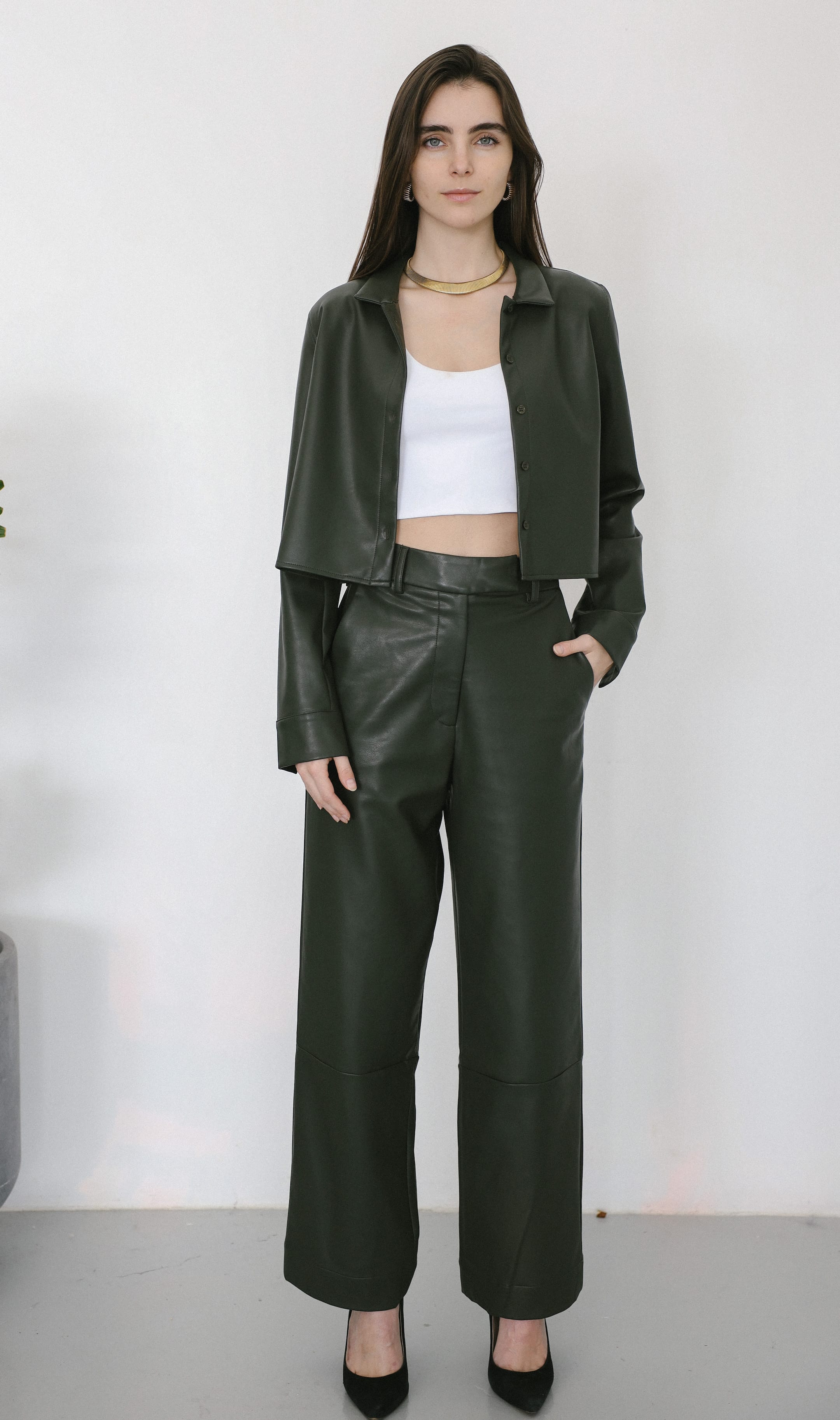Sylc Designs Womens Olive Green Vegan Leather Crop Button Down