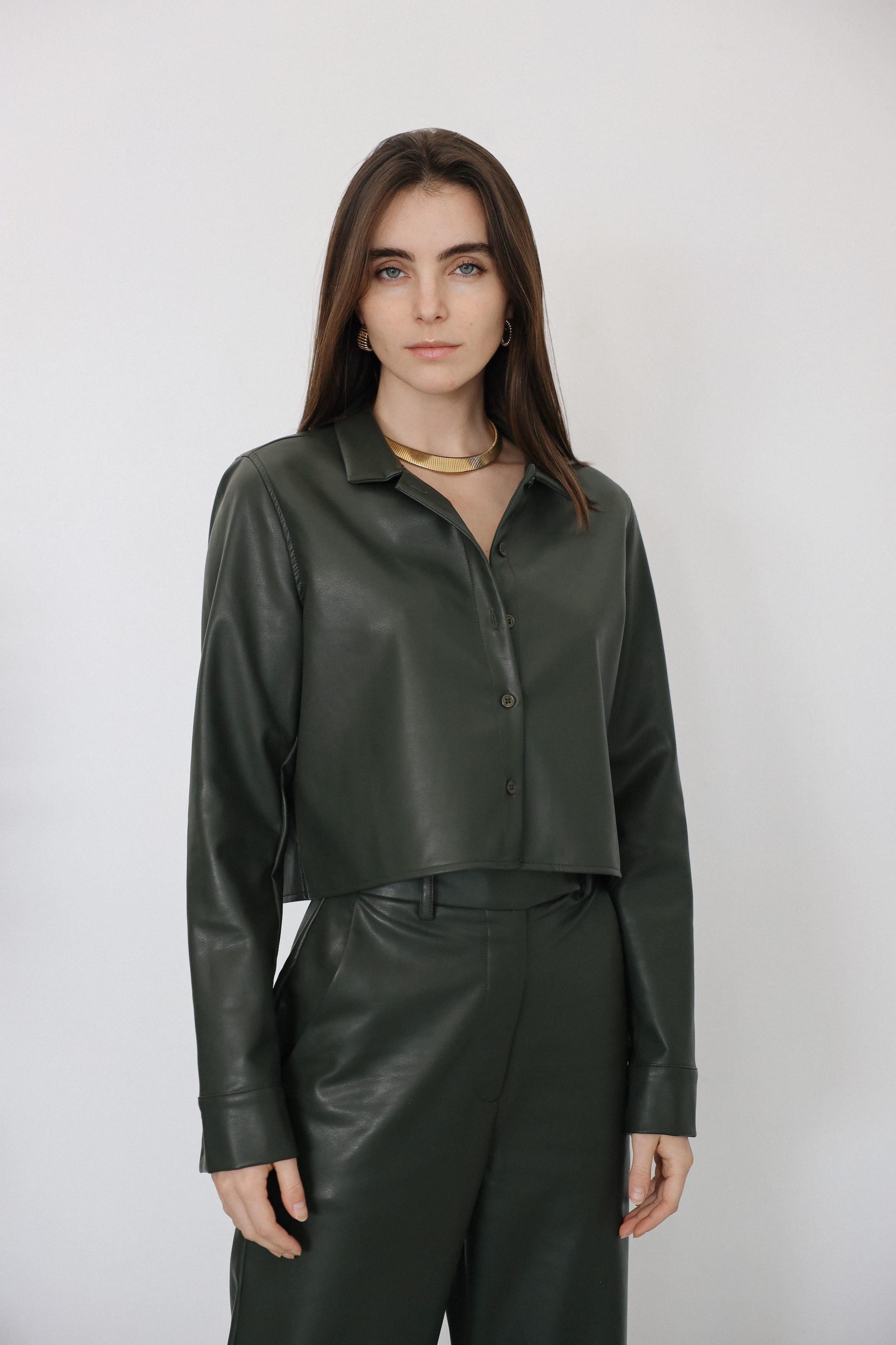 Sylc Designs Womens Olive Green Vegan Leather Crop Button Down