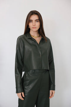 Sylc Designs Womens Olive Green Vegan Leather Crop Button Down