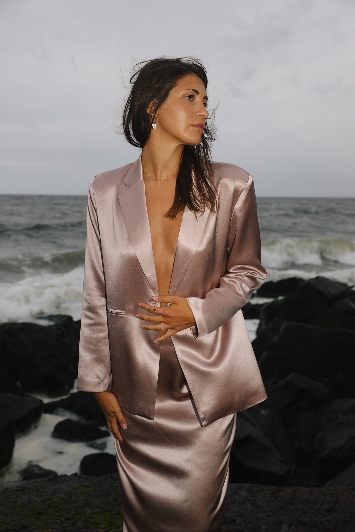 SYLC Designs Womens Rose Gold Satin Blazer