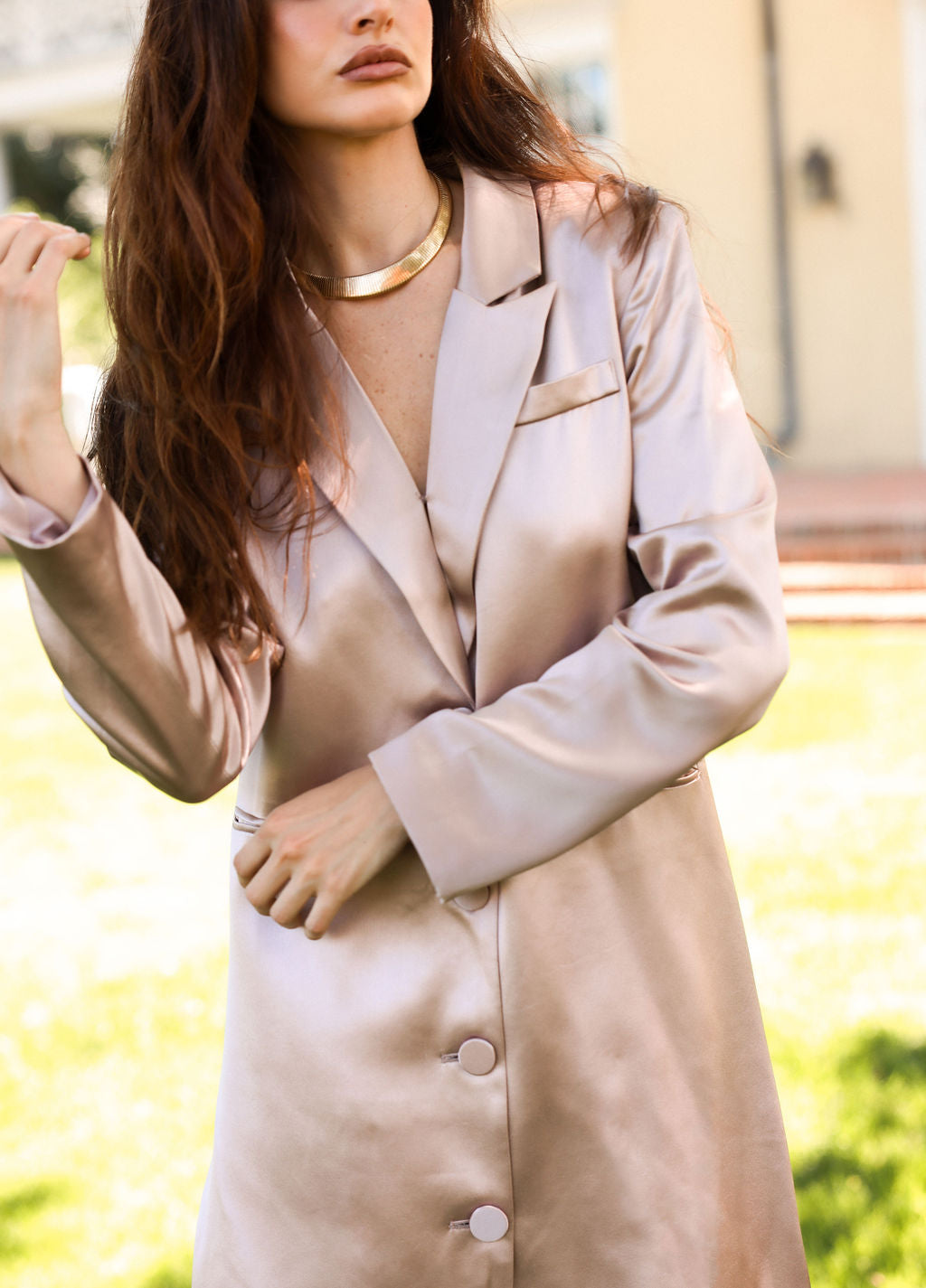 SYLC Designs Womens Rose Gold Satin Blazer Dress