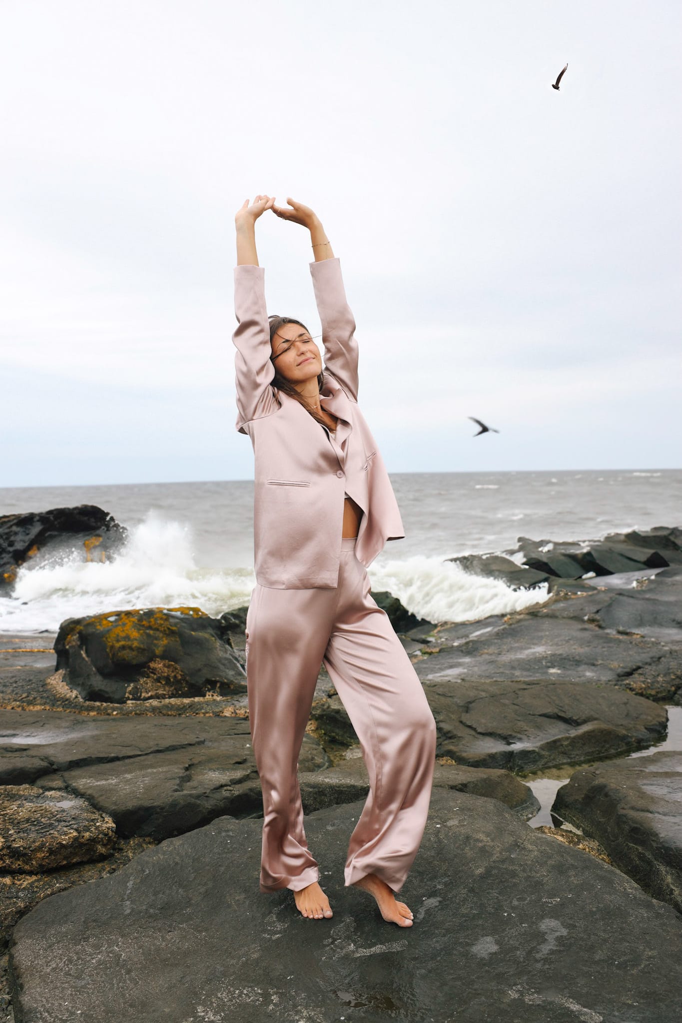 SYLC Designs Womens Rose Gold Satin Pants
