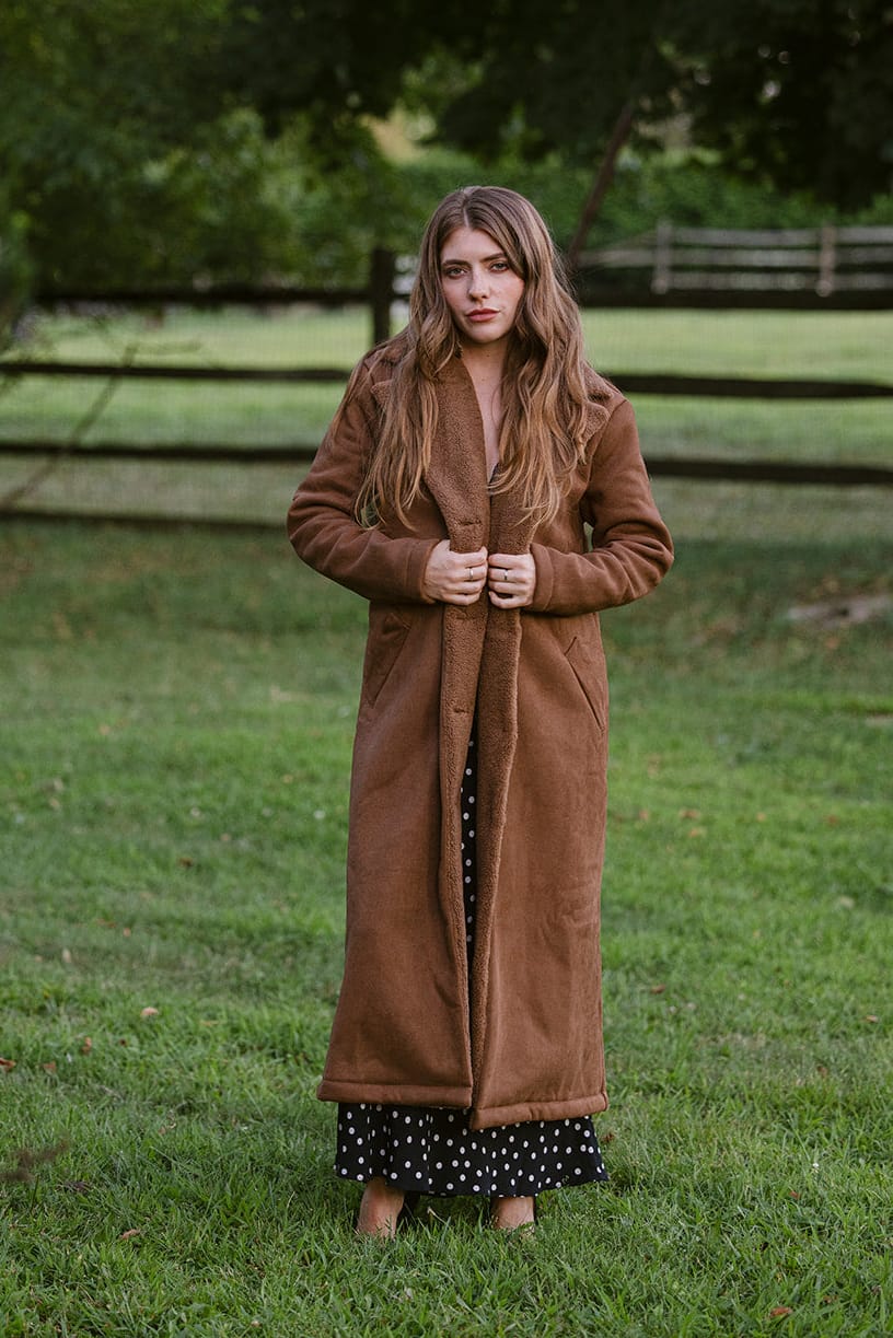 SYLC Designs Womens Suede Shearling Trench Coat