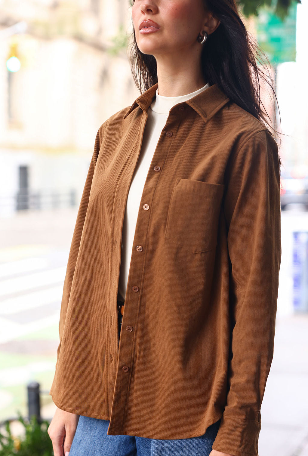 SYLC Designs Womens Tan Corduroy Button Down Shirt