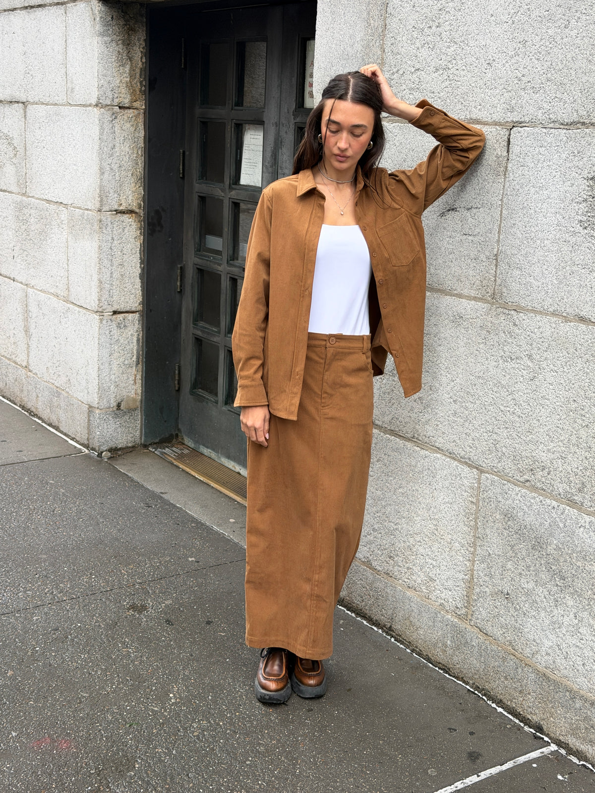 Sylc Designs Womens Tan Corduroy Maxi Skirt