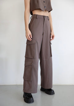 SYLC Designs Womens Taupe Cotton Wide leg Cargo