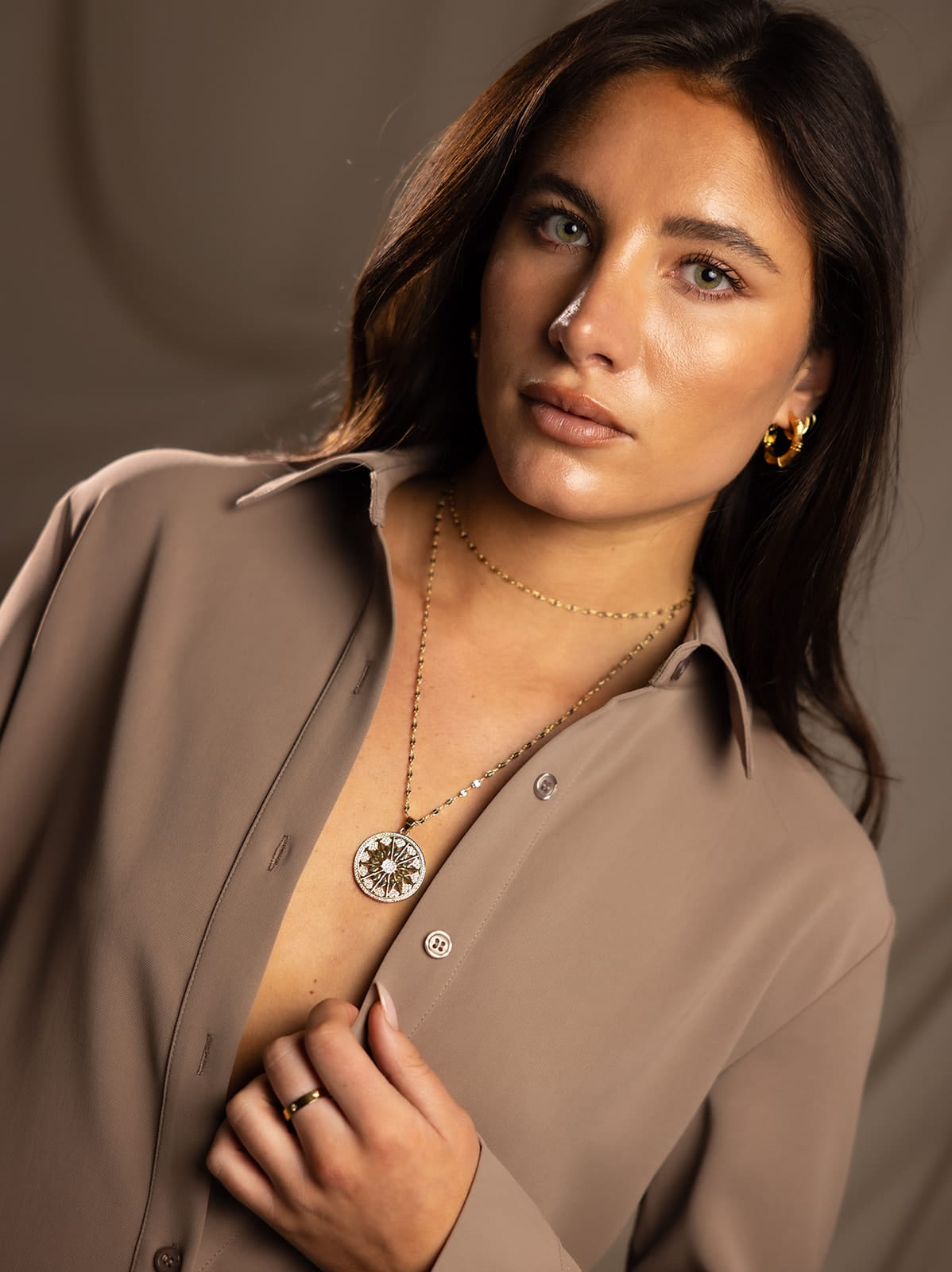 Sylc Designs Womens Taupe Suiting Button Down