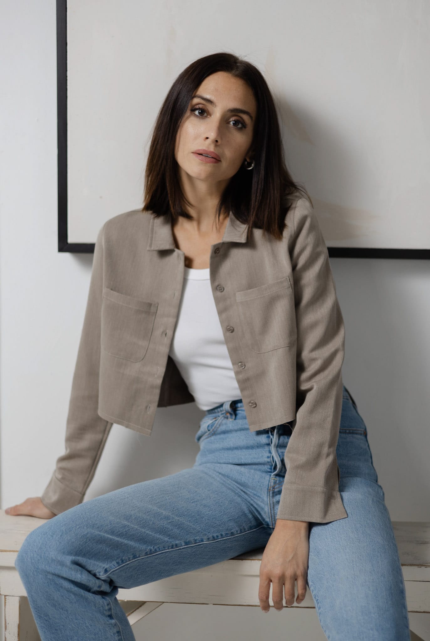 Sylc Designs Womens Truffle Cropped Cotton Button Down