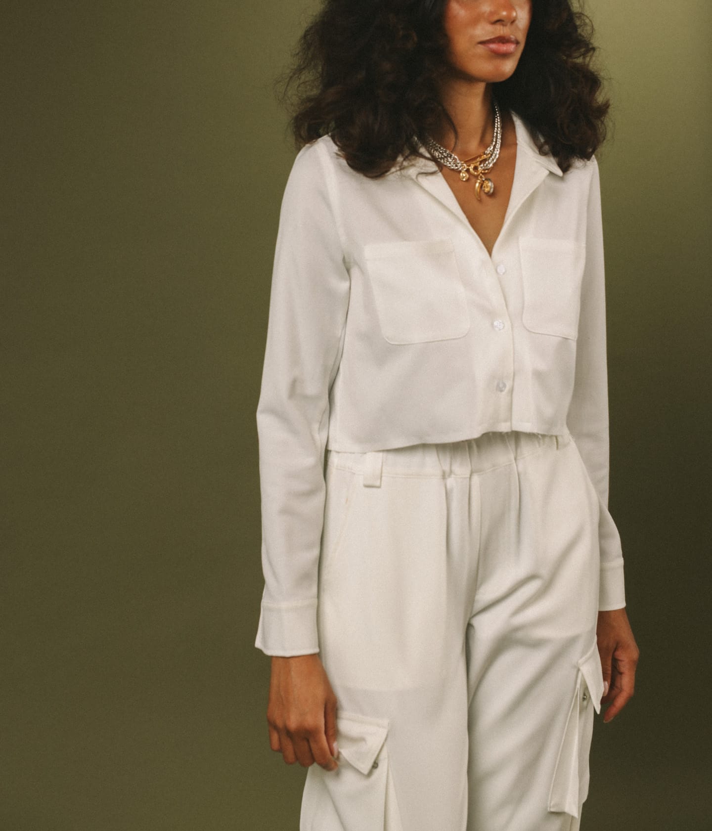 Sylc Designs Womens White Cropped Cotton Button Down