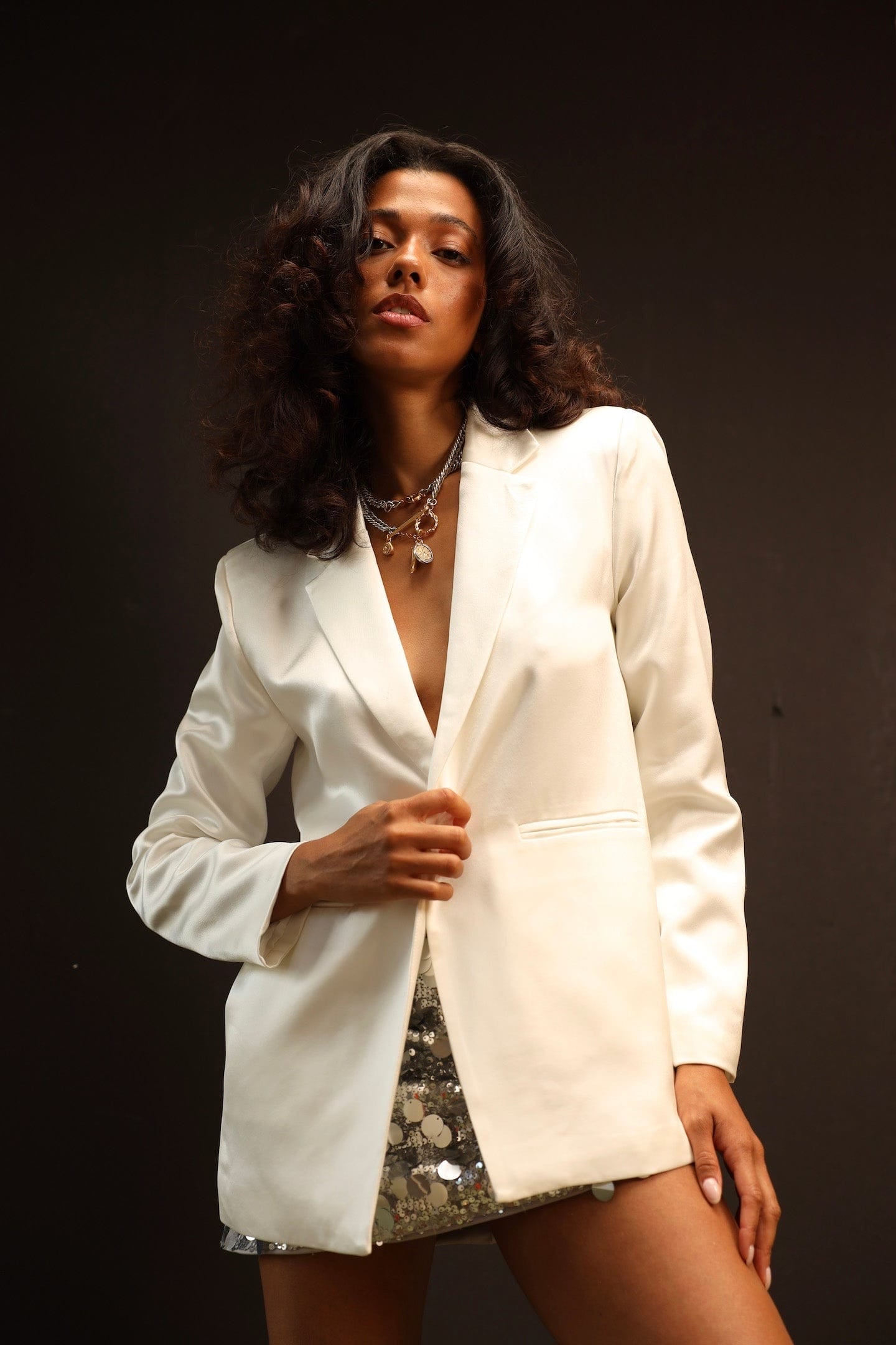 Sylc Designs Womens White Satin Blazer