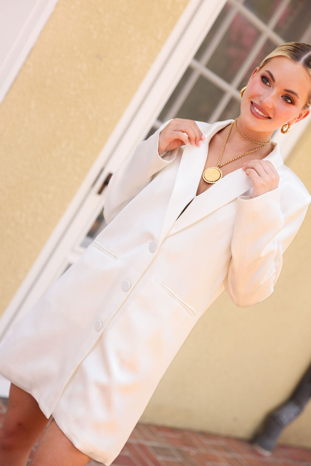 SYLC Designs Womens White Satin Blazer Dress