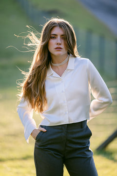 SYLC Designs Womens White Satin Cropped Button Down